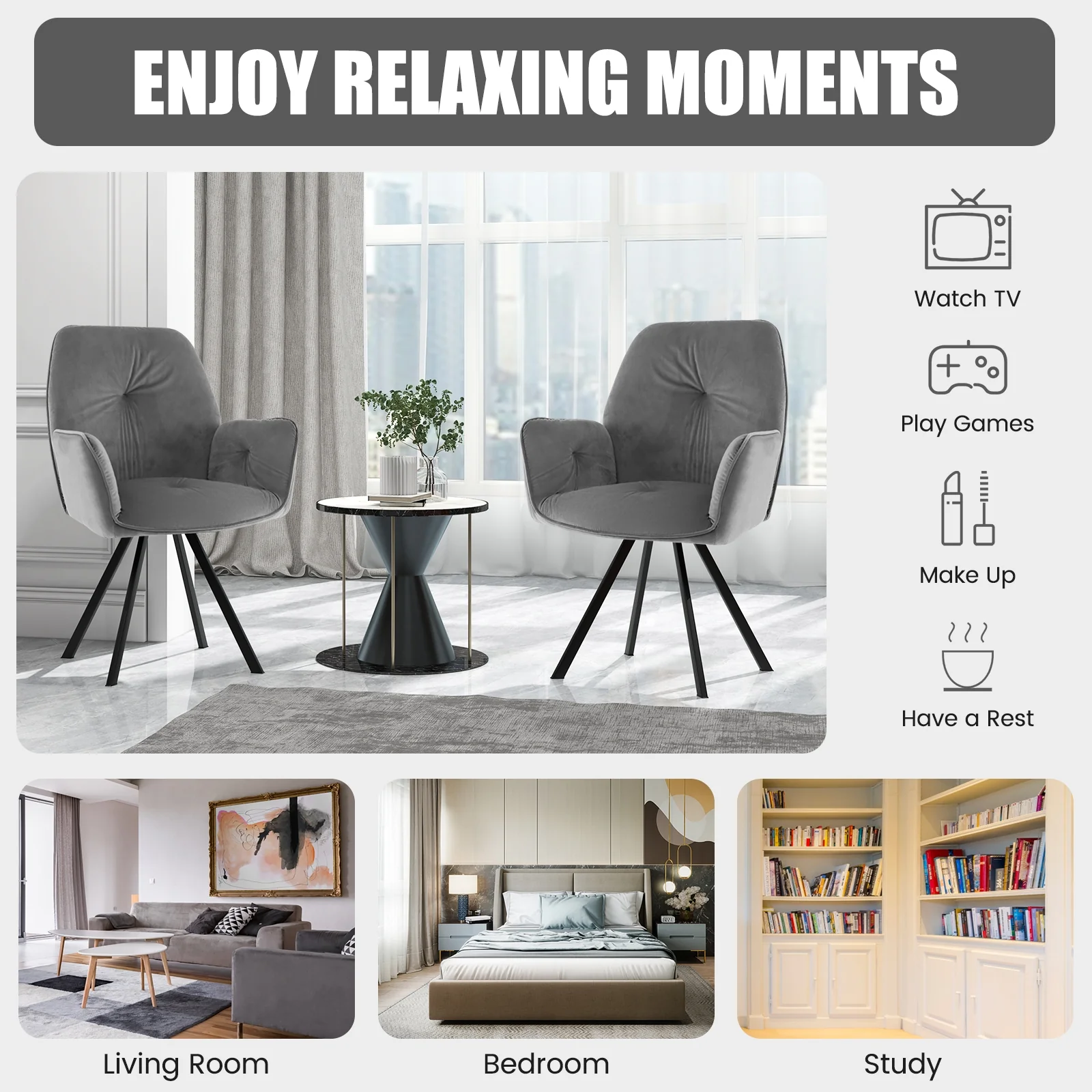 Swivel Accent Arm Chairs, Set of 2, Metal Legs, Gray - Image 10