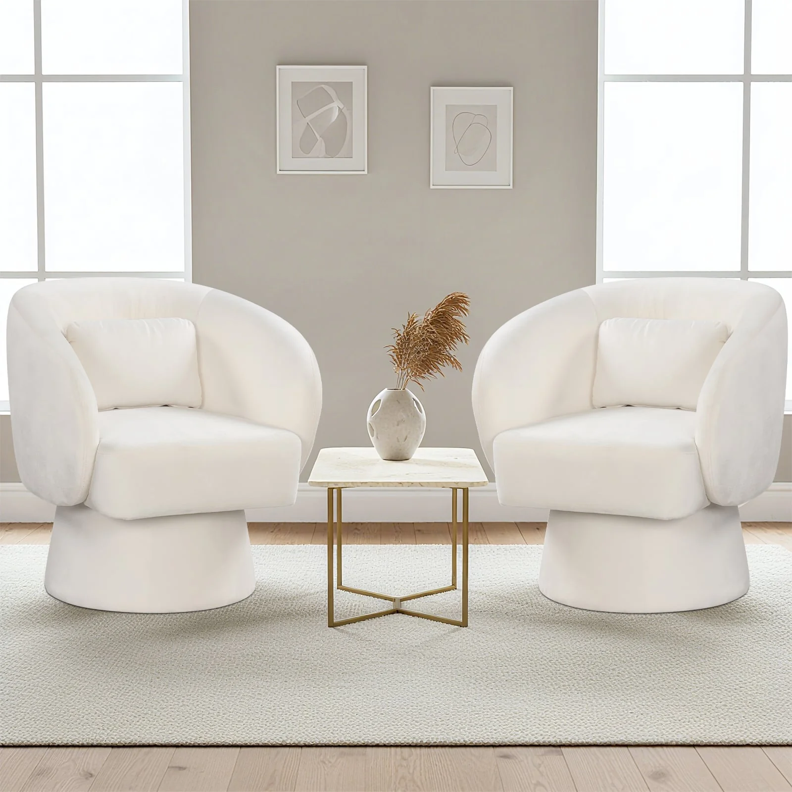 Swivel Accent Chair, Upholstered Barrel Chair, Beige - Image 6
