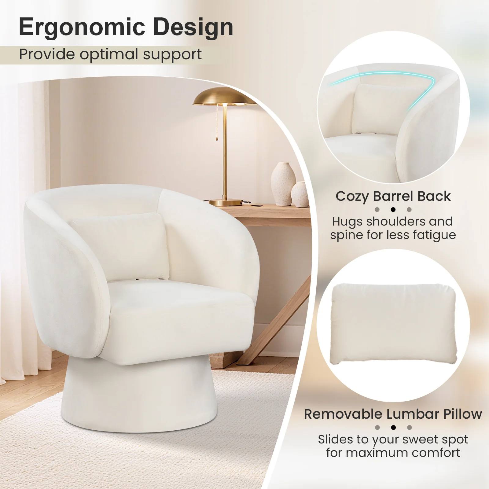 Swivel Accent Chair, Upholstered Barrel Chair, Beige - Image 7