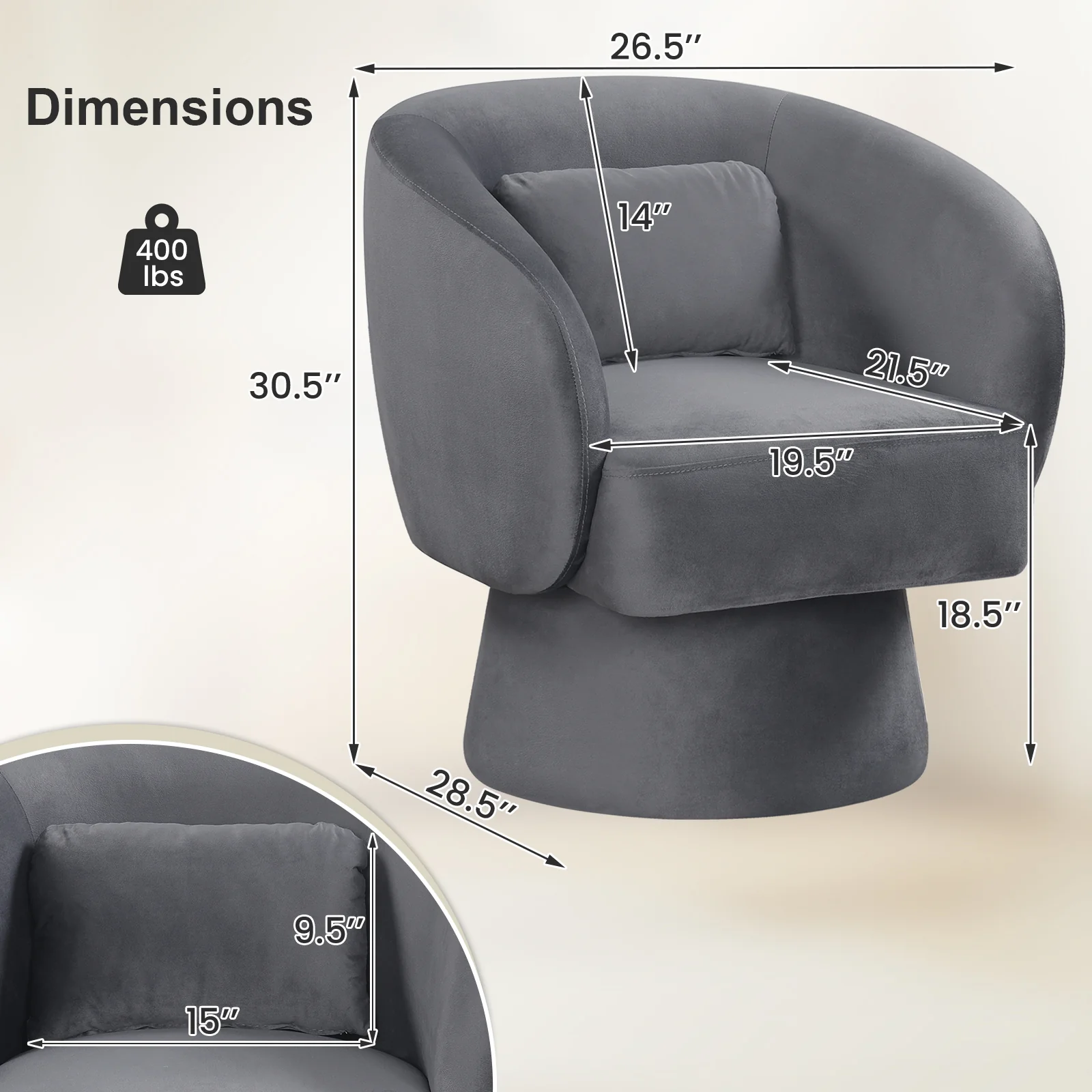 Swivel Accent Chair, Upholstered Barrel Chair, Gray - Image 5