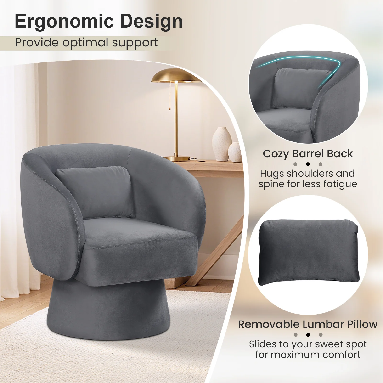 Swivel Accent Chair, Upholstered Barrel Chair, Gray - Image 6