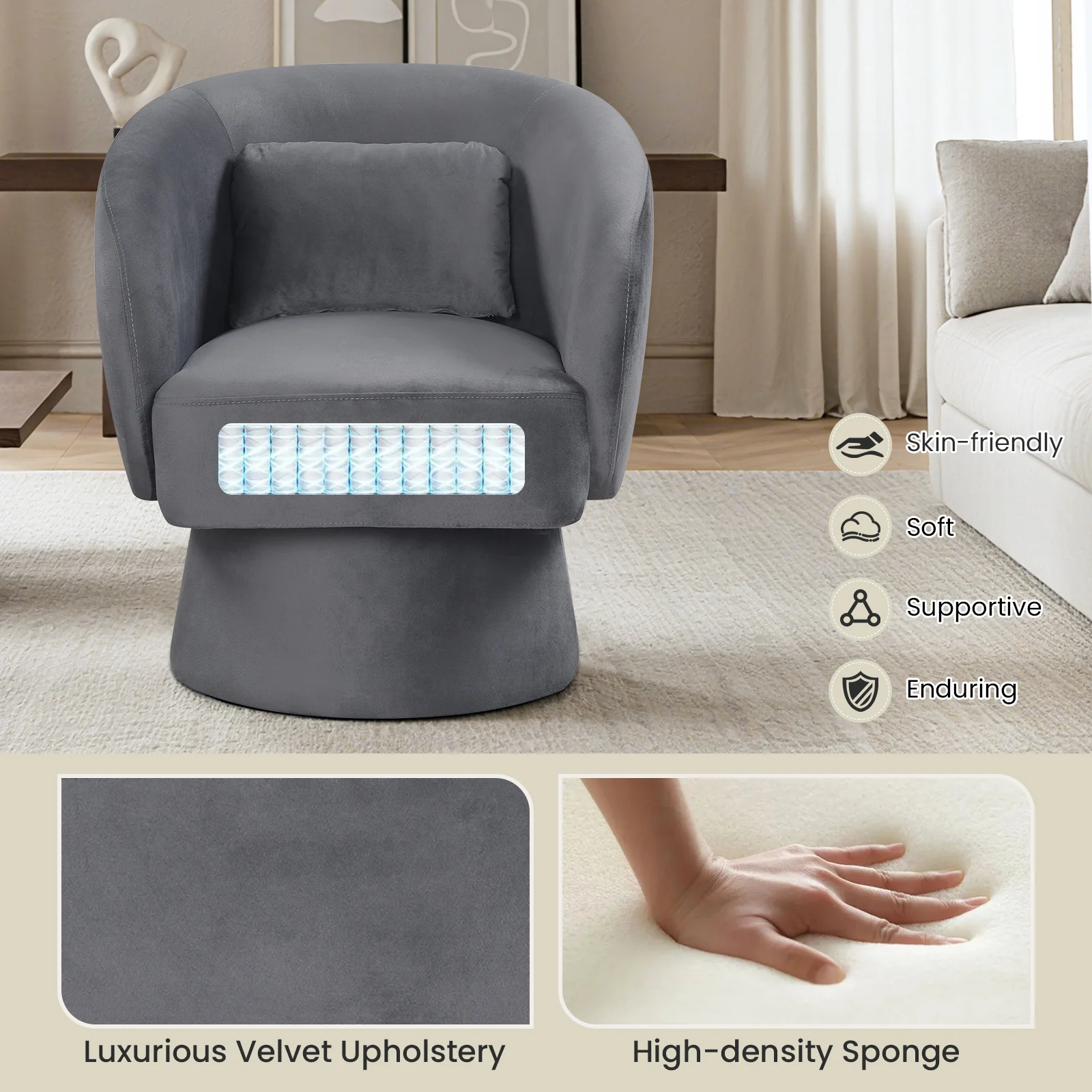 Swivel Accent Chair, Upholstered Barrel Chair, Gray - Image 7