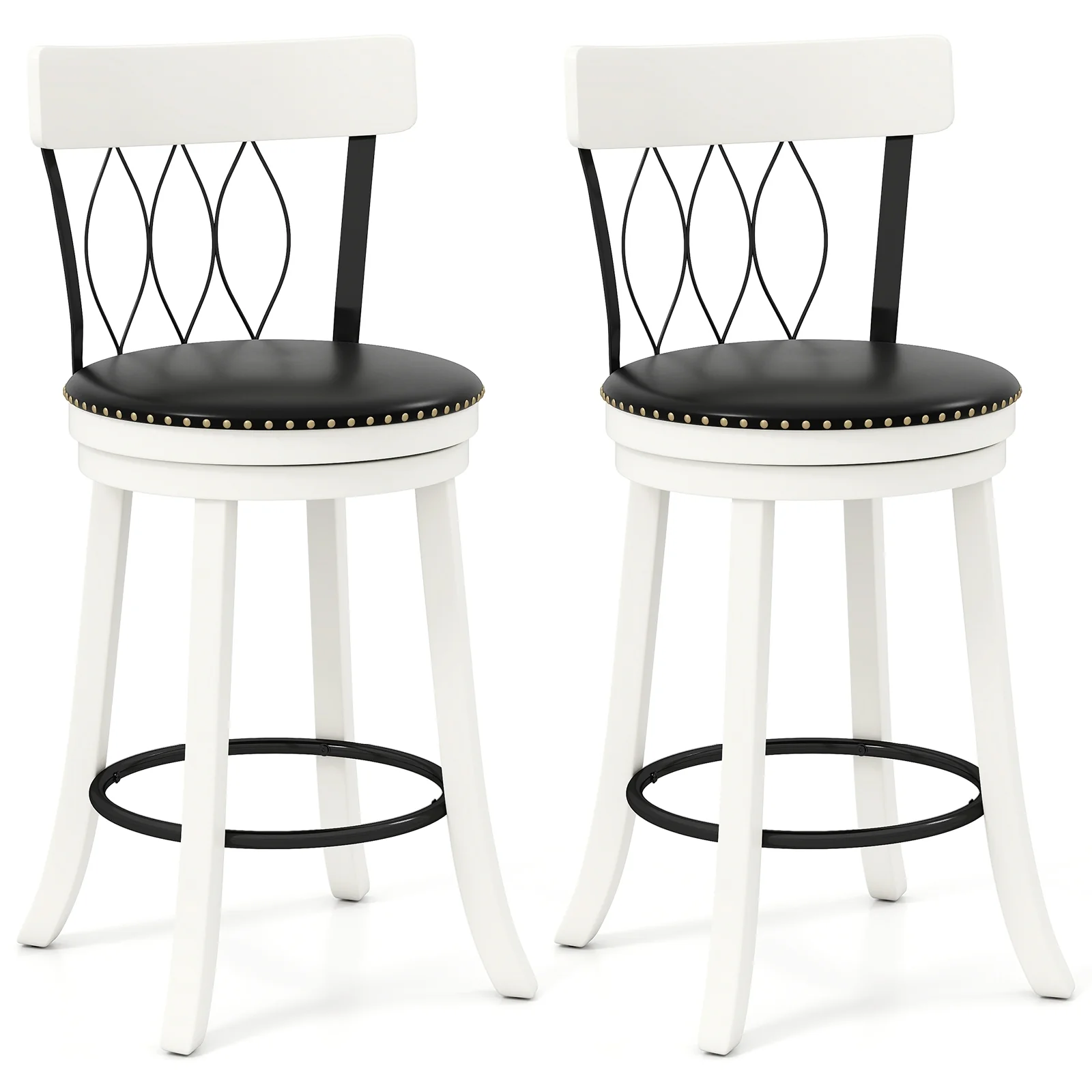 Swivel Bar Stools Set, 26 Inches, Rubber Wood Frame, Tufted Rivets