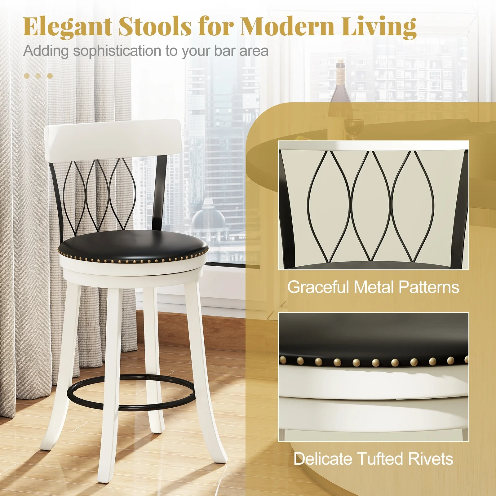 Swivel Bar Stools Set, 26 Inches, Rubber Wood Frame, Tufted Rivets - Image 10