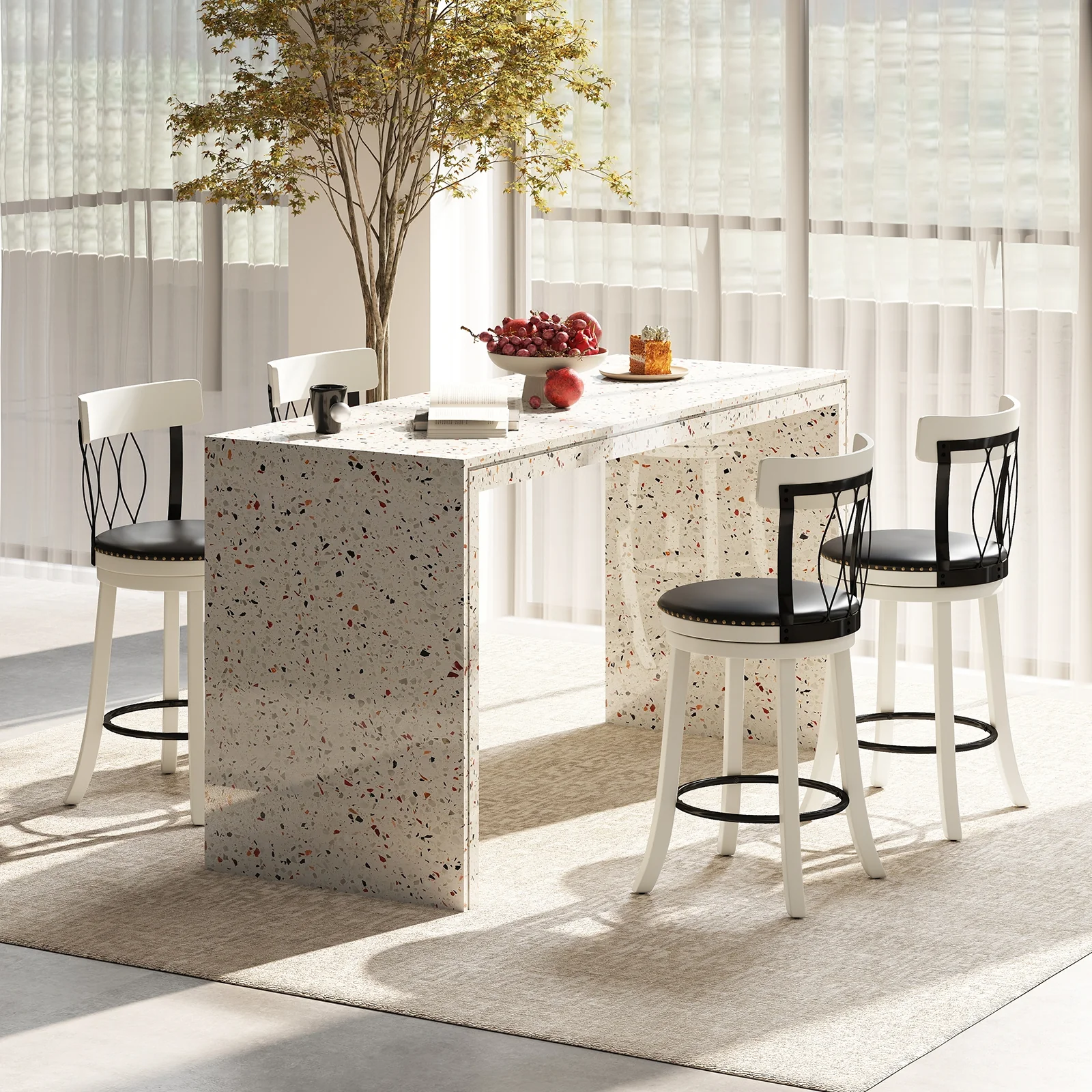 Swivel Bar Stools Set, 26 Inches, Rubber Wood Frame, Tufted Rivets - Image 3