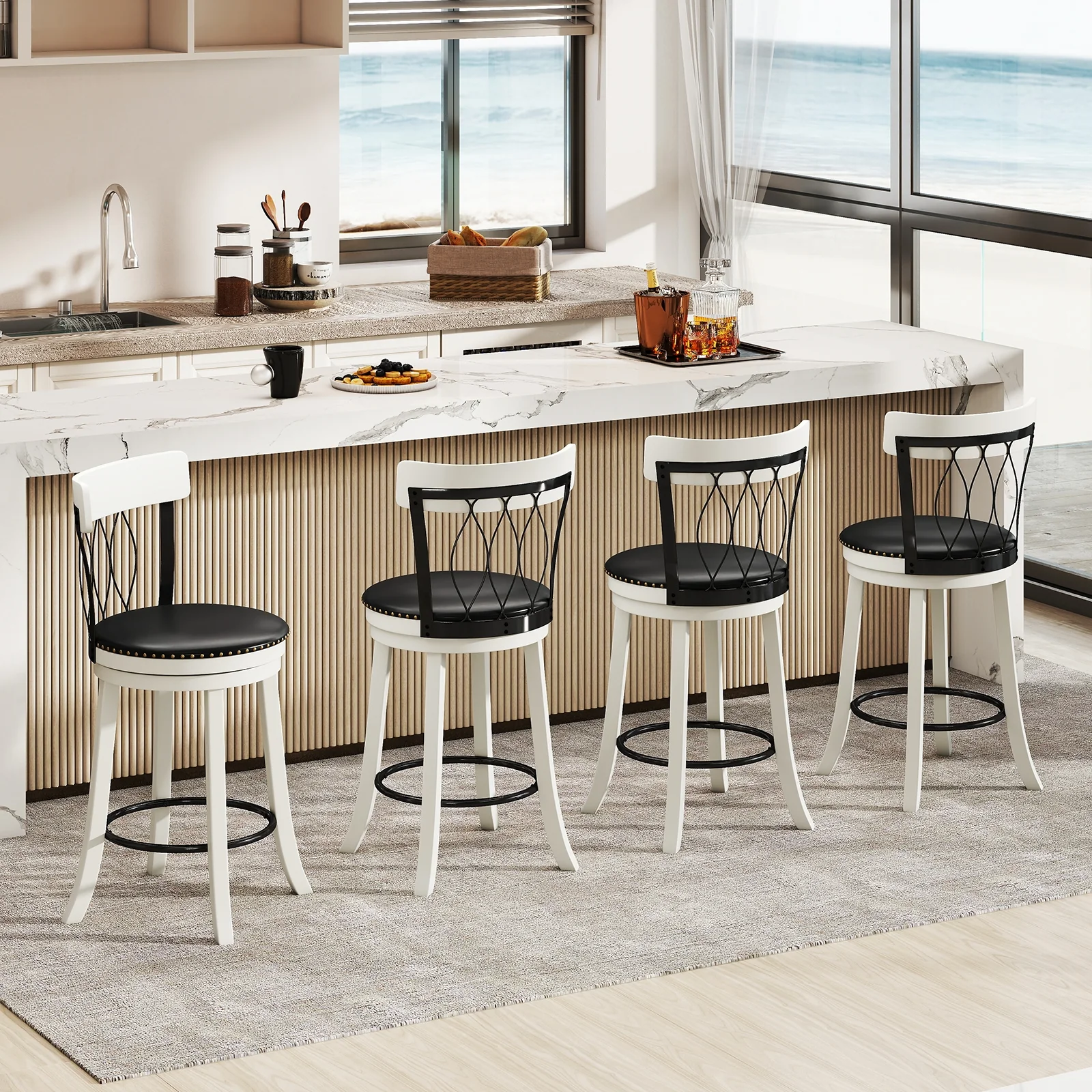 Swivel Bar Stools Set, 26 Inches, Rubber Wood Frame, Tufted Rivets - Image 6
