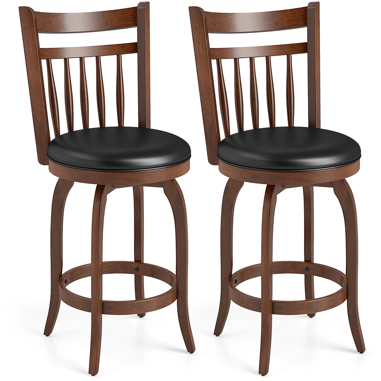 Swivel Bar Stools Set Of 2, 24 Inches, Faux Leather Upholstered, Black