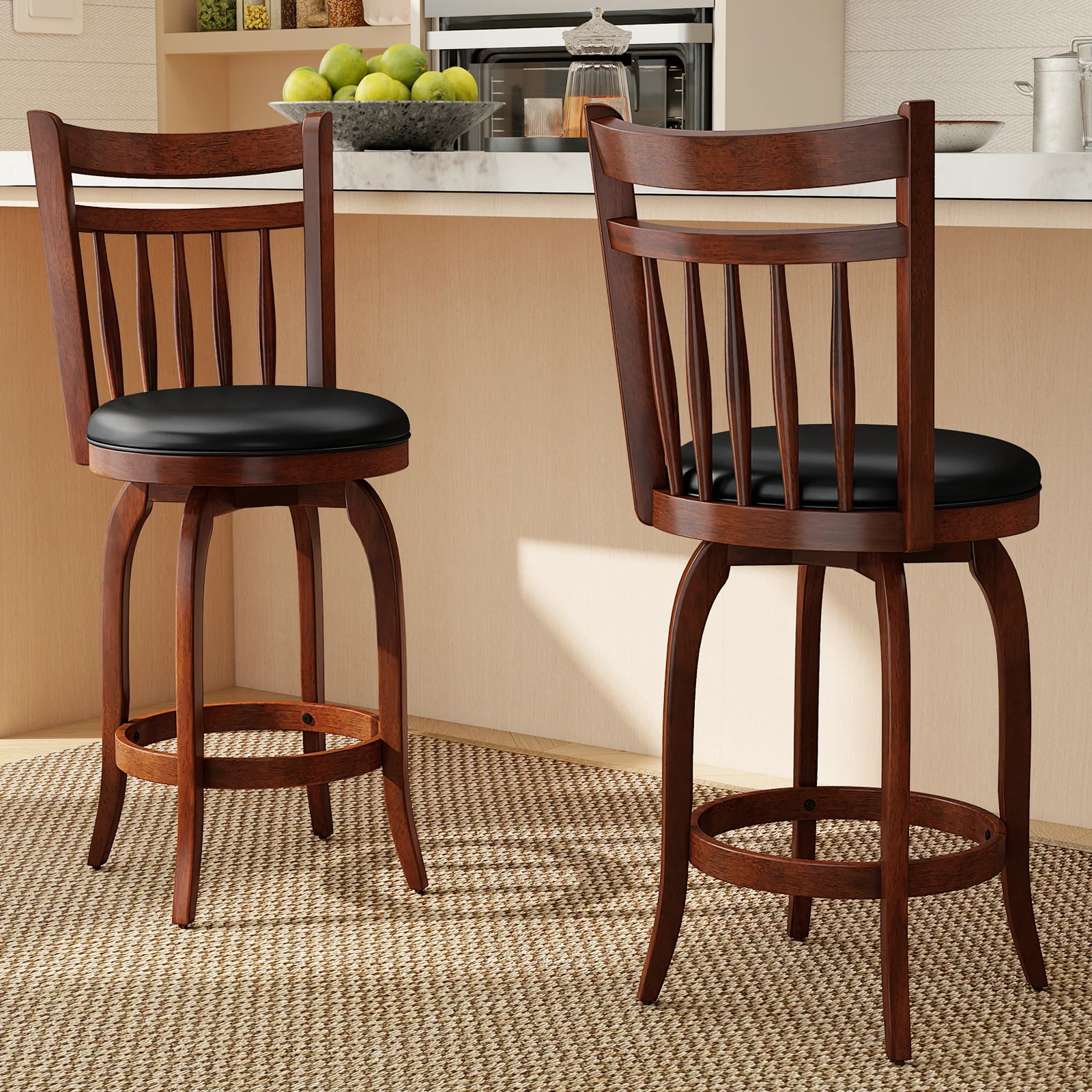 Swivel Bar Stools Set Of 2, 24 Inches, Faux Leather Upholstered, Black - Image 2