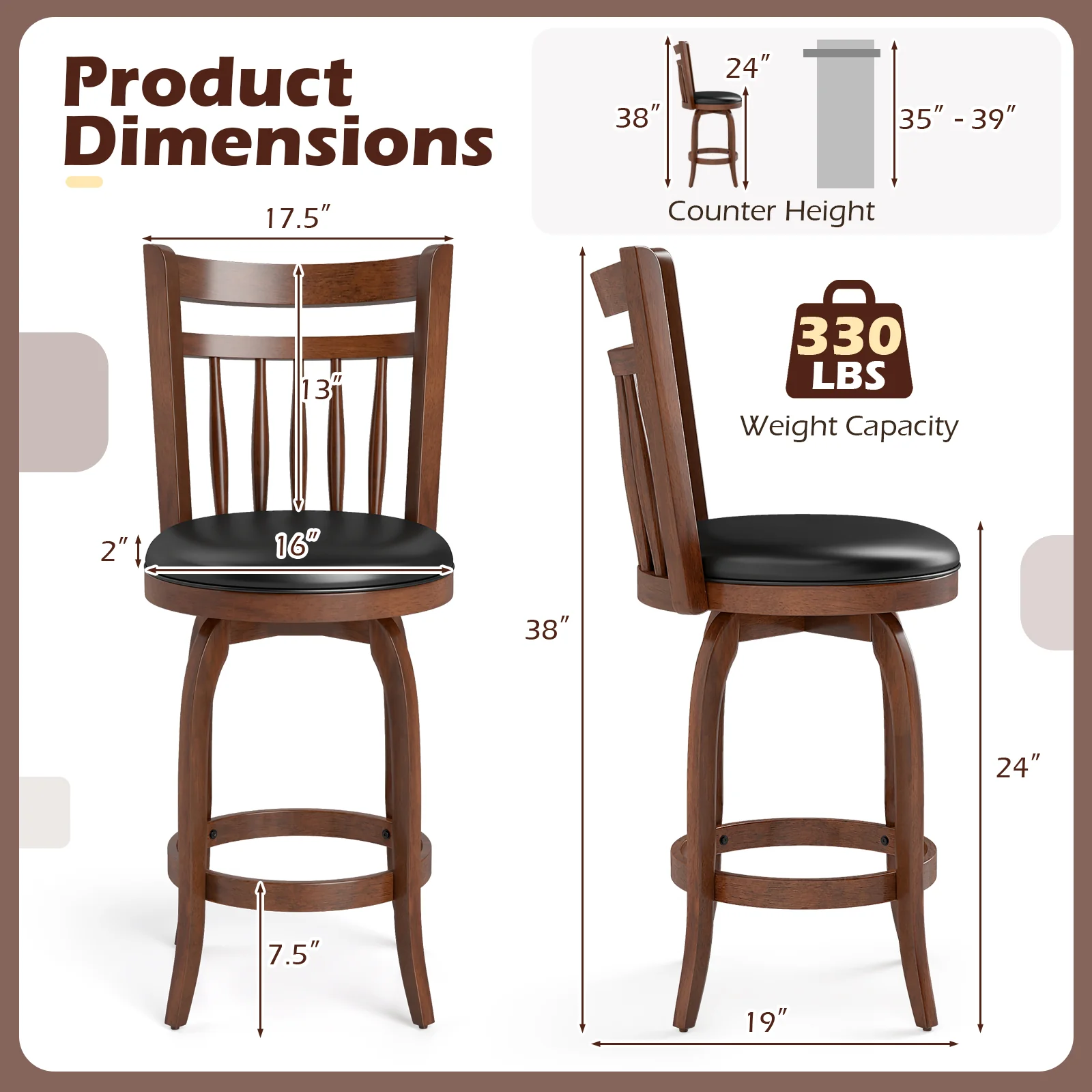 Swivel Bar Stools Set Of 2, 24 Inches, Faux Leather Upholstered, Black - Image 4