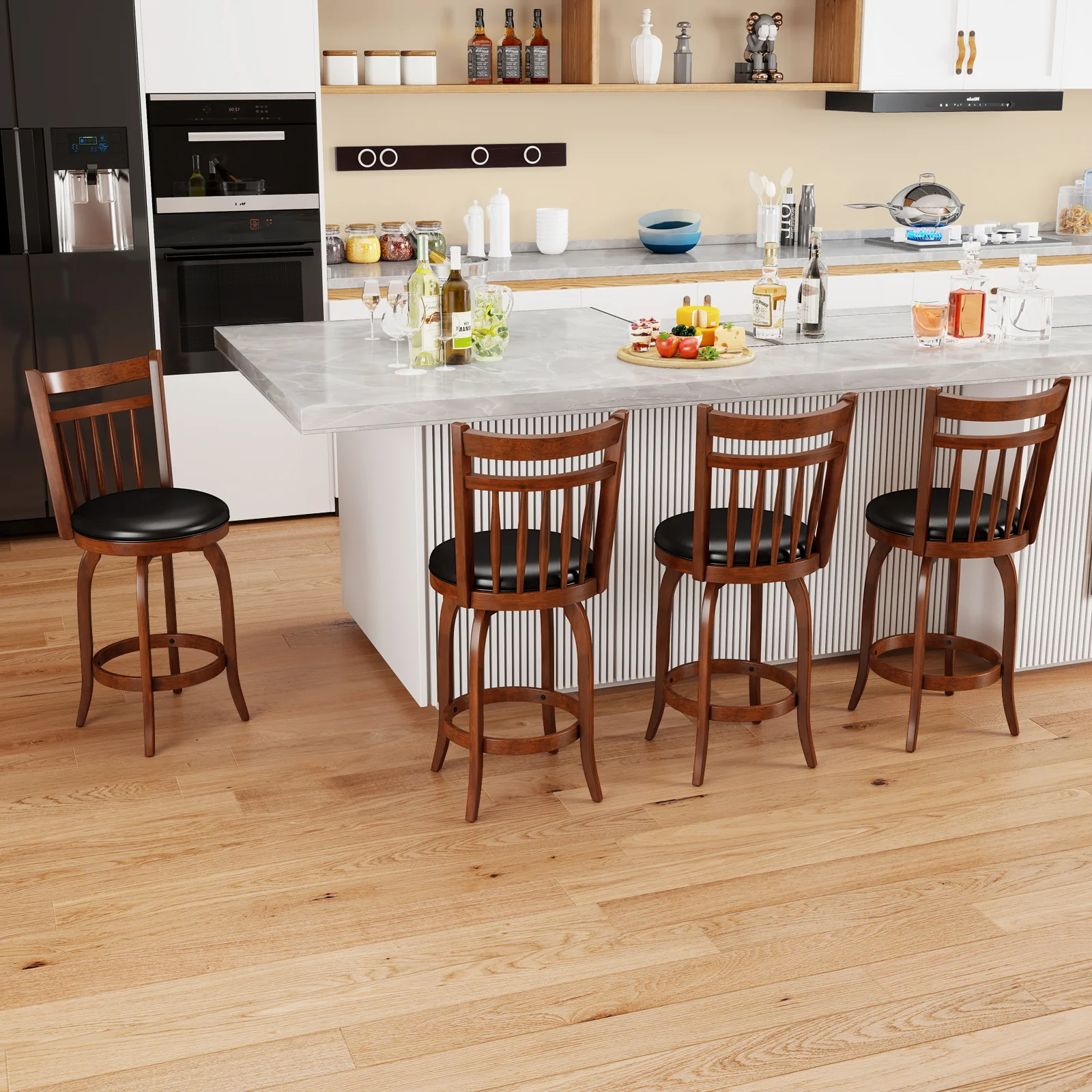 Swivel Bar Stools Set Of 2, 24 Inches, Faux Leather Upholstered, Black - Image 5