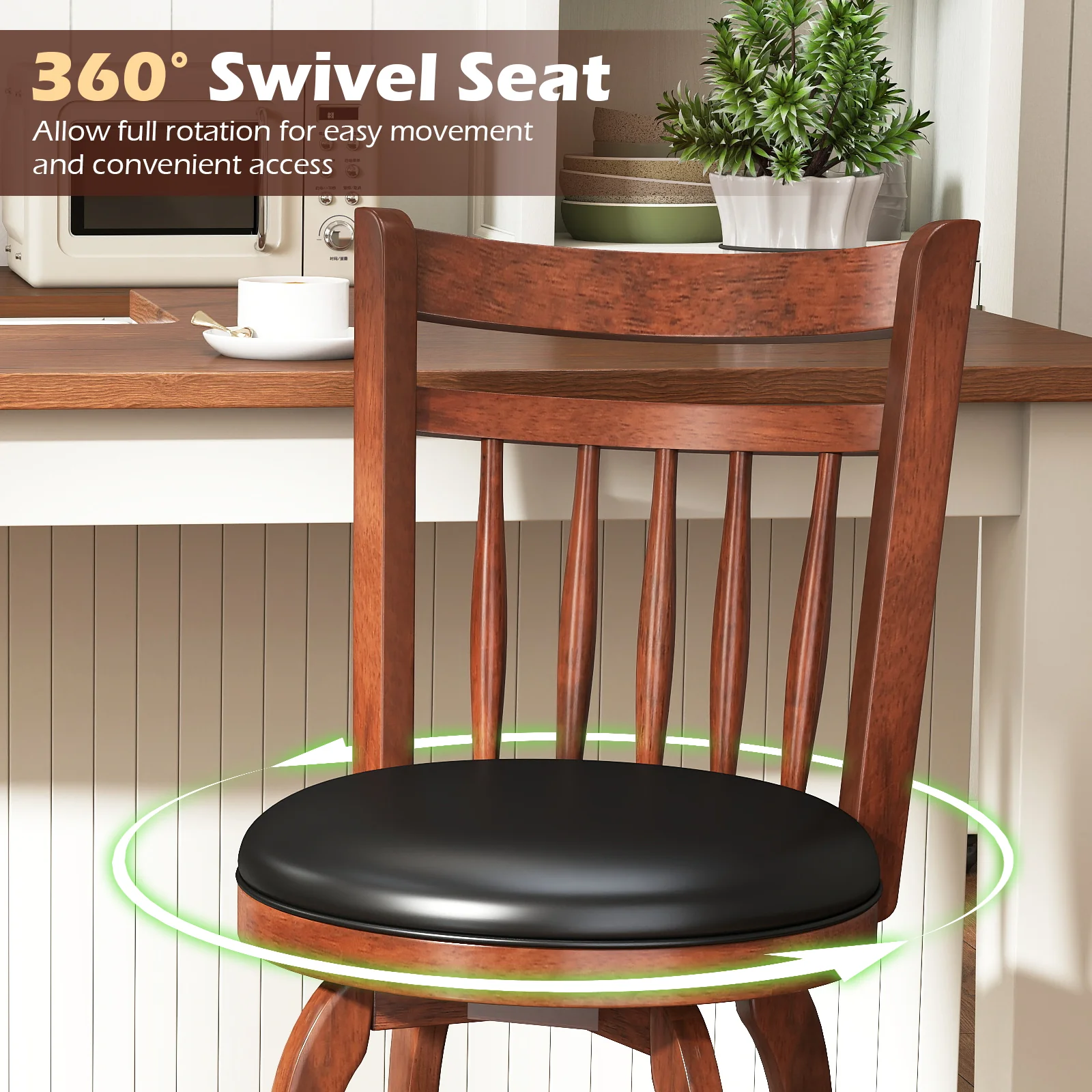 Swivel Bar Stools Set Of 2, 24 Inches, Faux Leather Upholstered, Black - Image 6