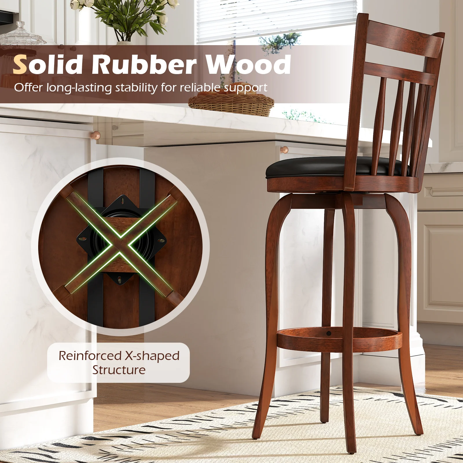 Swivel Bar Stools Set Of 2, 24 Inches, Faux Leather Upholstered, Black - Image 8