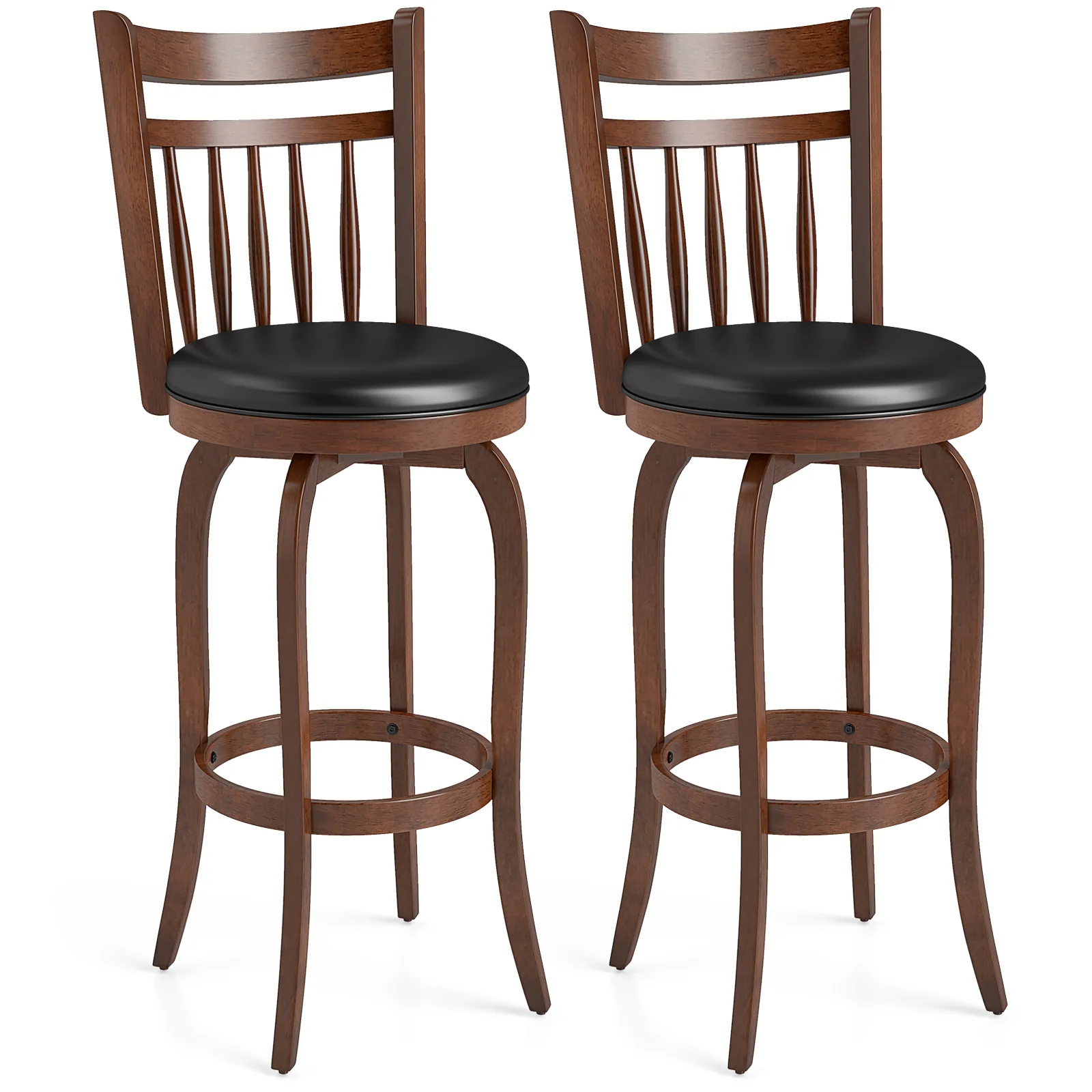 Swivel Bar Stools Set Of 2, 29 Inches, Faux Leather Upholstered, Black