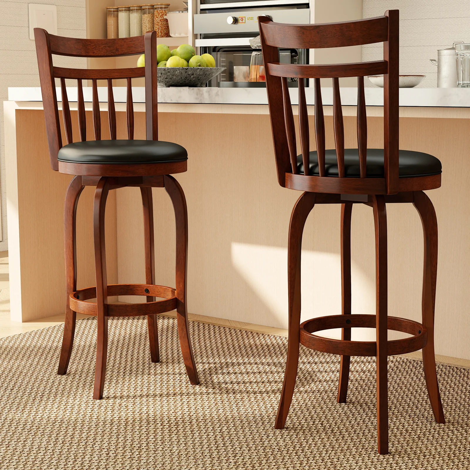 Swivel Bar Stools Set Of 2, 29 Inches, Faux Leather Upholstered, Black - Image 2