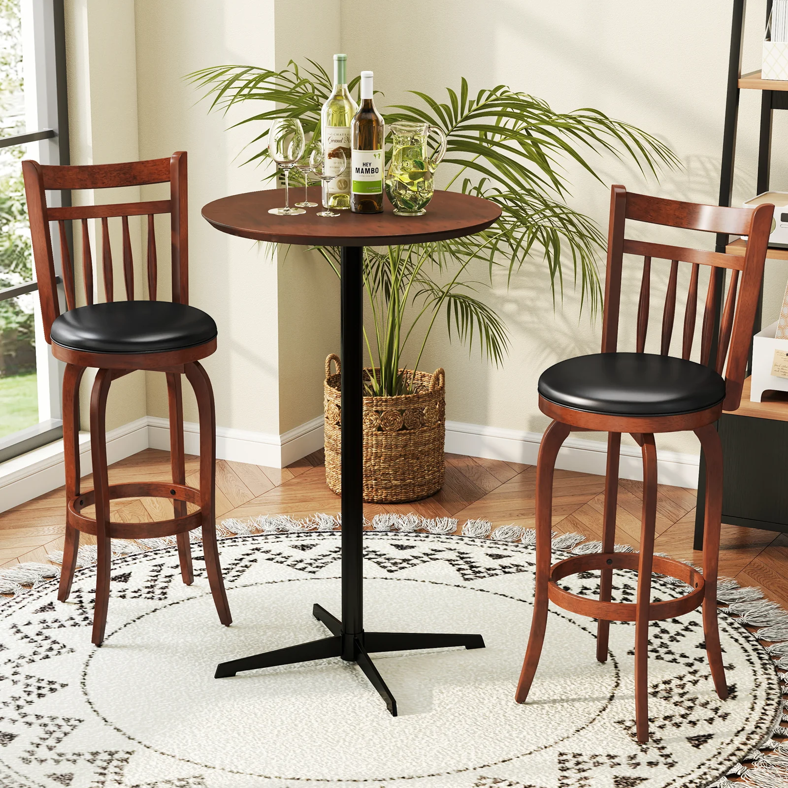 Swivel Bar Stools Set Of 2, 29 Inches, Faux Leather Upholstered, Black - Image 3