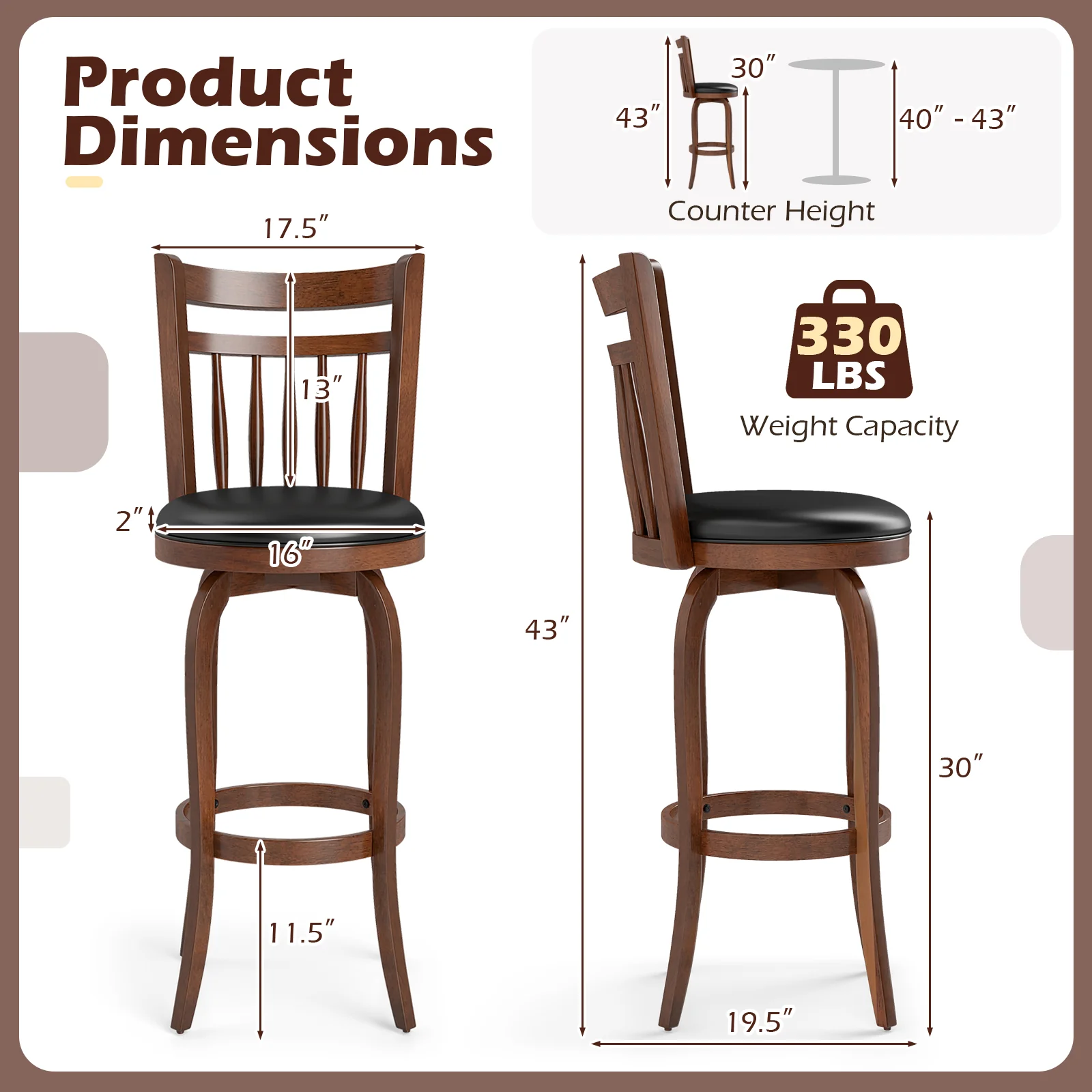 Swivel Bar Stools Set Of 2, 29 Inches, Faux Leather Upholstered, Black - Image 4