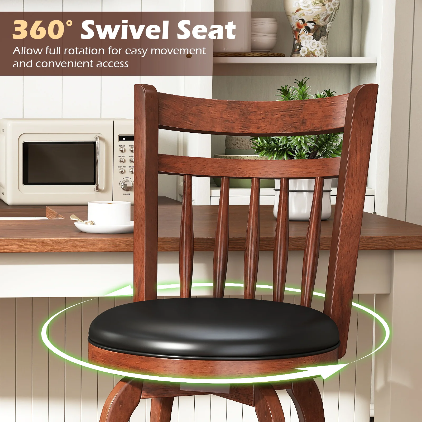 Swivel Bar Stools Set Of 2, 29 Inches, Faux Leather Upholstered, Black - Image 6