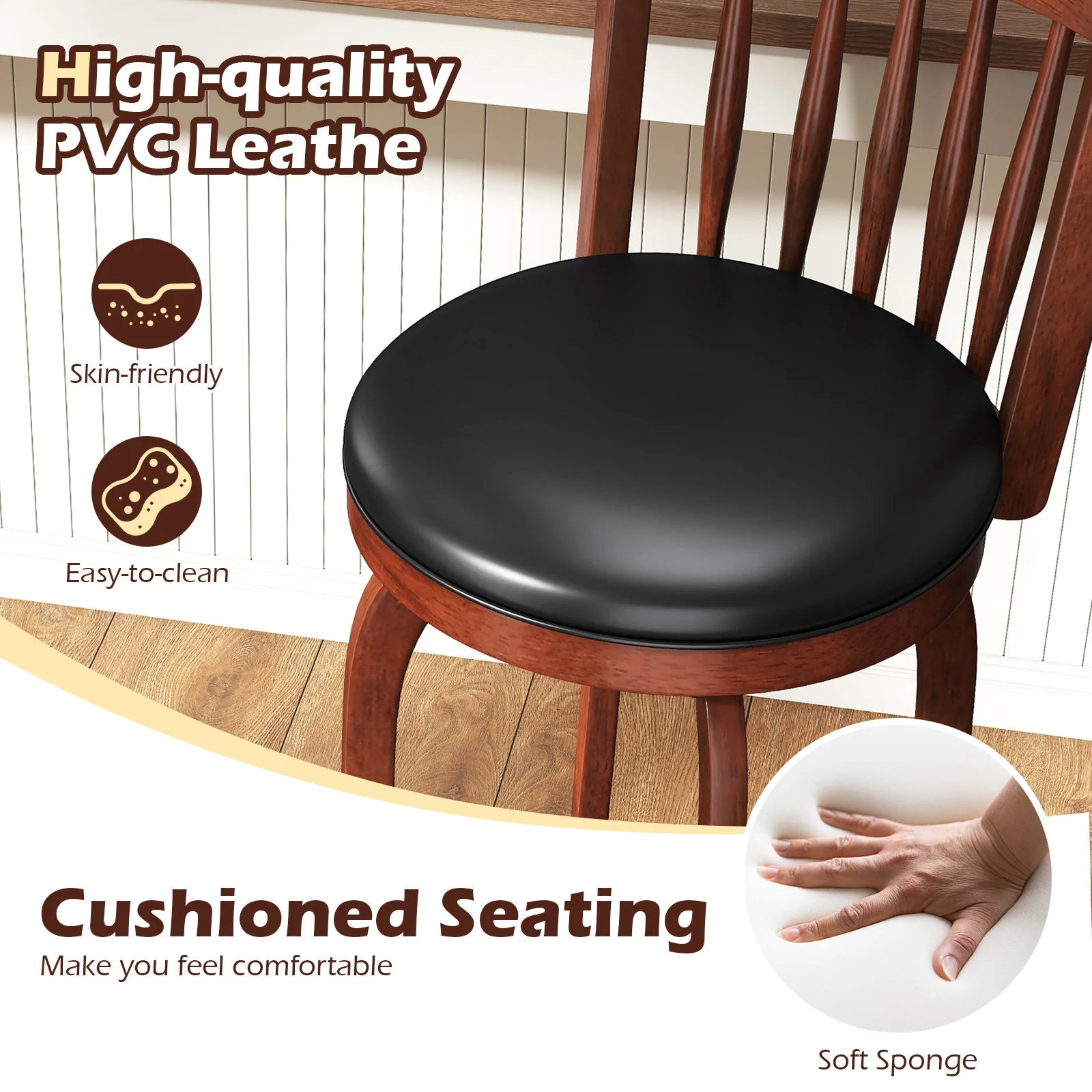 Swivel Bar Stools Set Of 2, 29 Inches, Faux Leather Upholstered, Black - Image 7