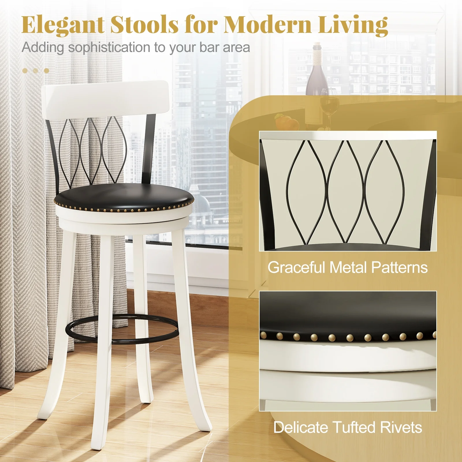 Swivel Bar Stools Set Of 2, 30 Inches, Rubber Wood Frame, Tufted Rivets - Image 10