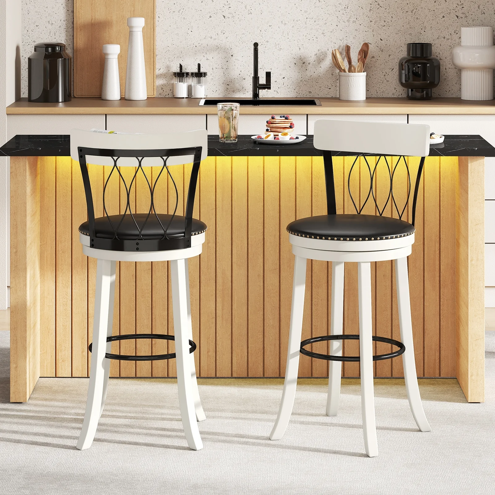 Swivel Bar Stools Set Of 2, 30 Inches, Rubber Wood Frame, Tufted Rivets - Image 2