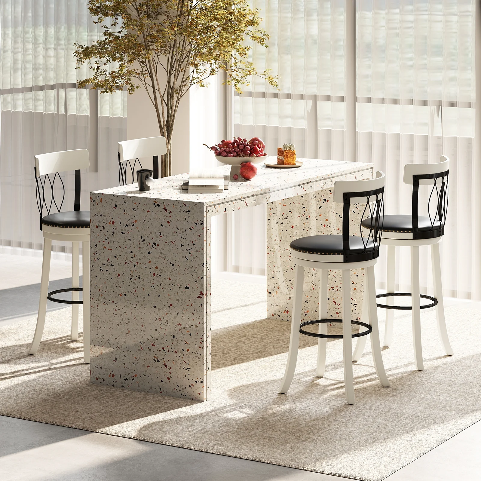 Swivel Bar Stools Set Of 2, 30 Inches, Rubber Wood Frame, Tufted Rivets - Image 3