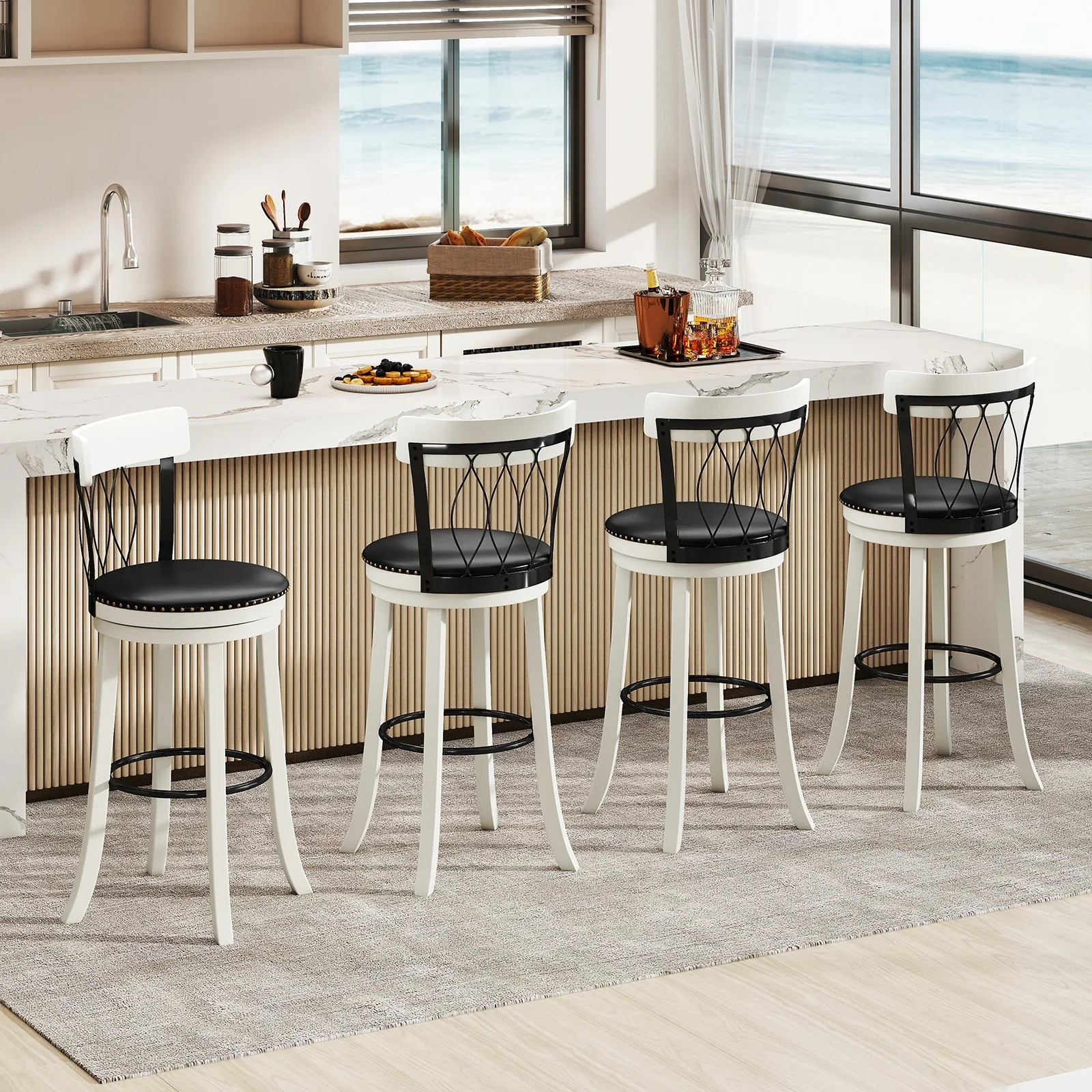 Swivel Bar Stools Set Of 2, 30 Inches, Rubber Wood Frame, Tufted Rivets - Image 6
