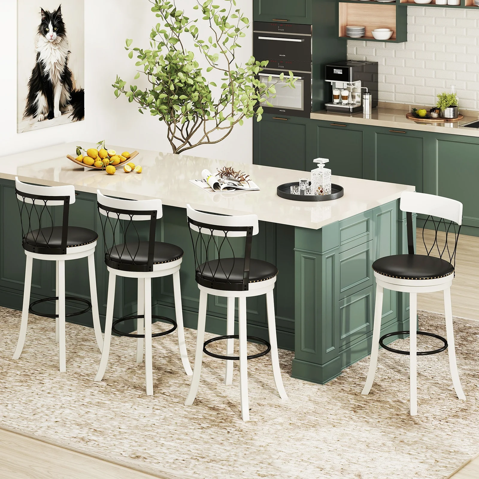 Swivel Bar Stools Set Of 2, 30 Inches, Rubber Wood Frame, Tufted Rivets - Image 7
