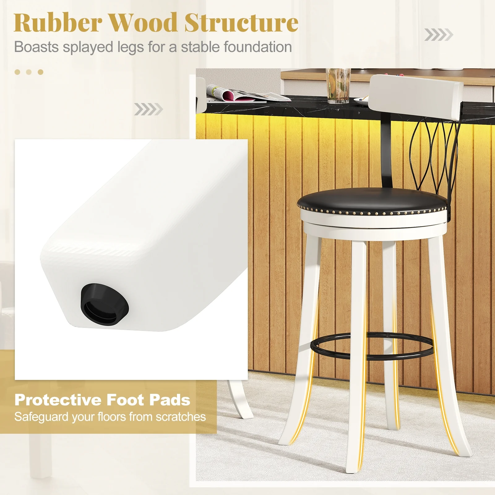 Swivel Bar Stools Set Of 2, 30 Inches, Rubber Wood Frame, Tufted Rivets - Image 9