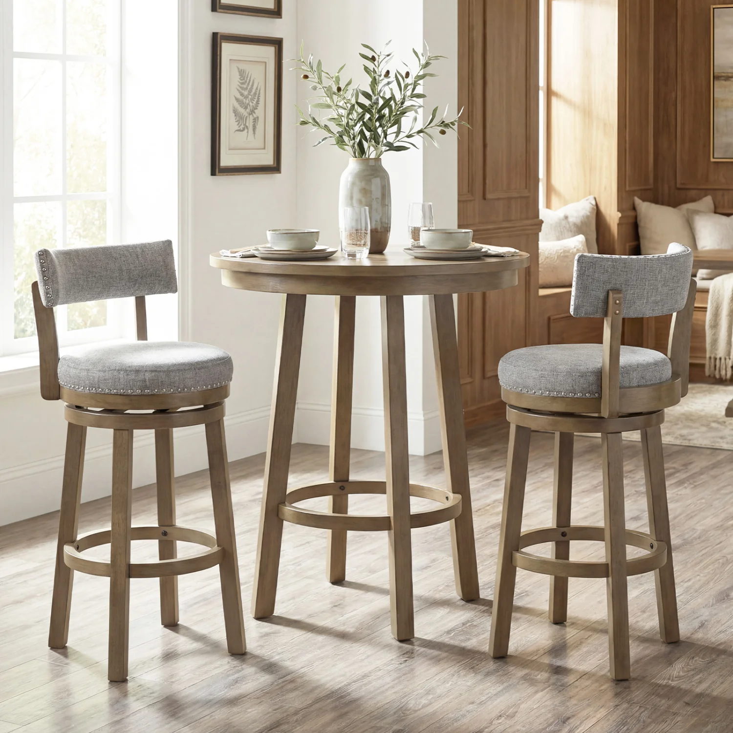 Swivel Bar Stools Set Of 2, 31.5 Inches, Linen Fabric Upholstered, Gray - Image 2