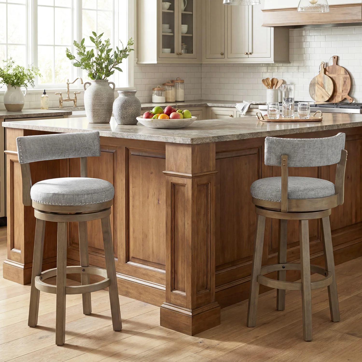 Swivel Bar Stools Set Of 2, 31.5 Inches, Linen Fabric Upholstered, Gray - Image 3