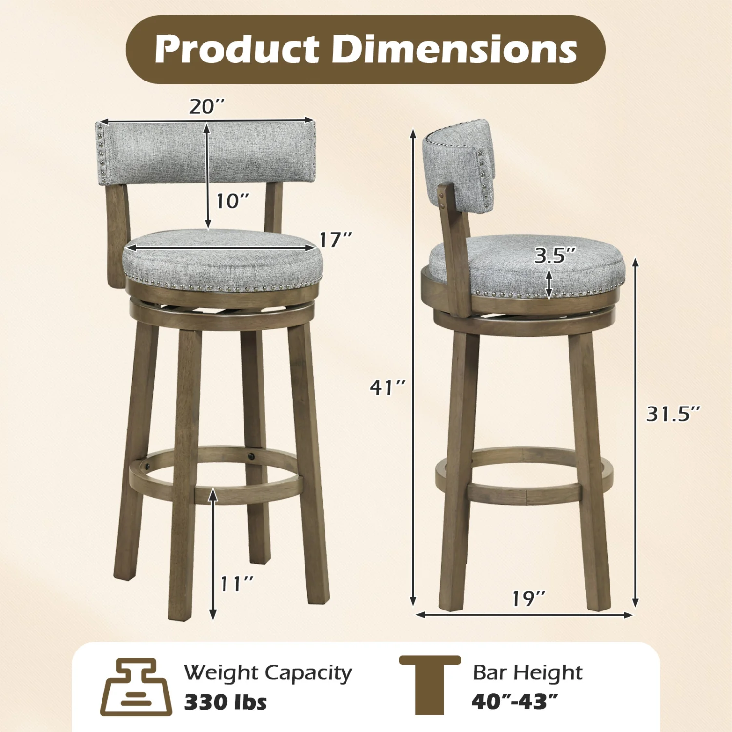 Swivel Bar Stools Set Of 2, 31.5 Inches, Linen Fabric Upholstered, Gray - Image 5