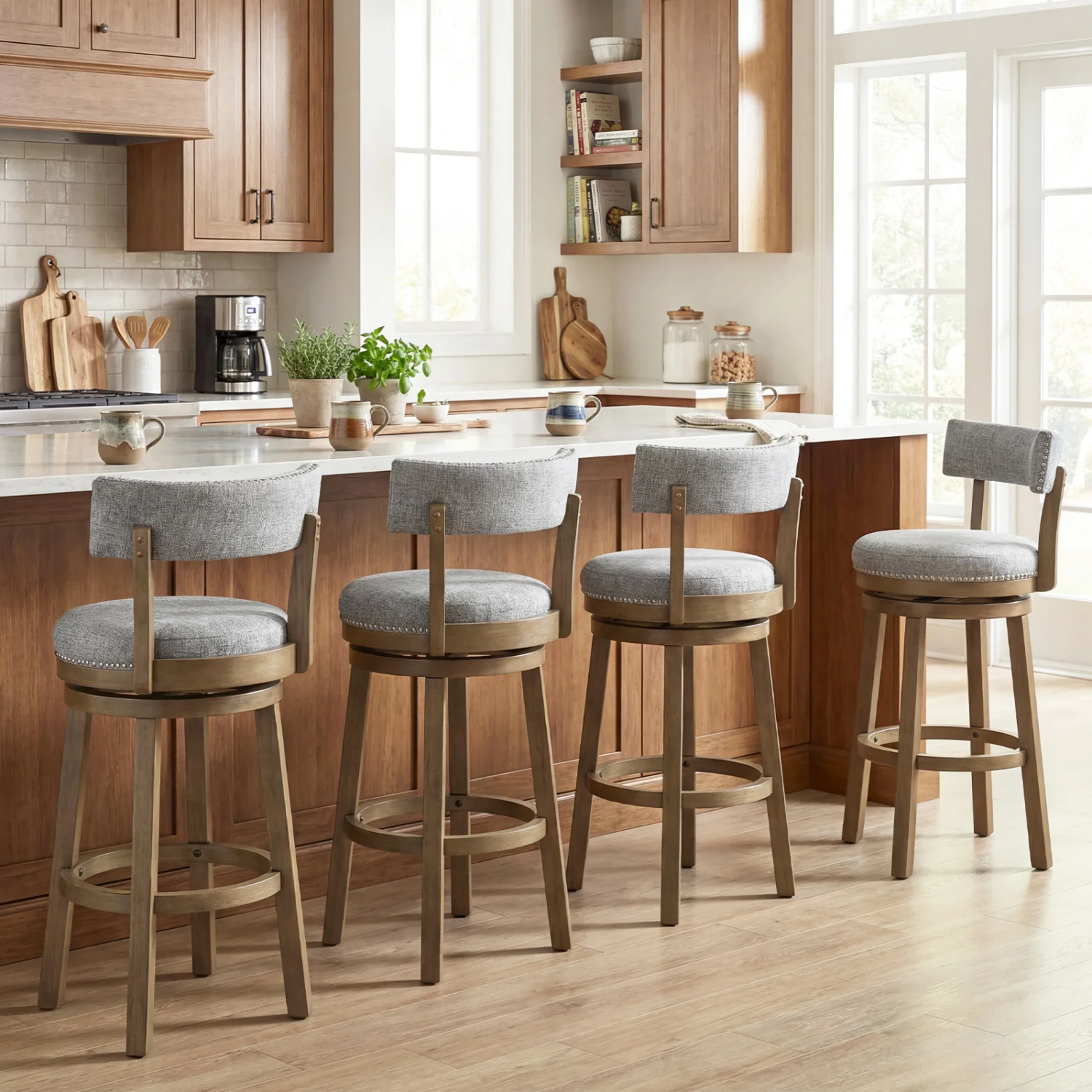 Swivel Bar Stools Set Of 2, 31.5 Inches, Linen Fabric Upholstered, Gray - Image 6