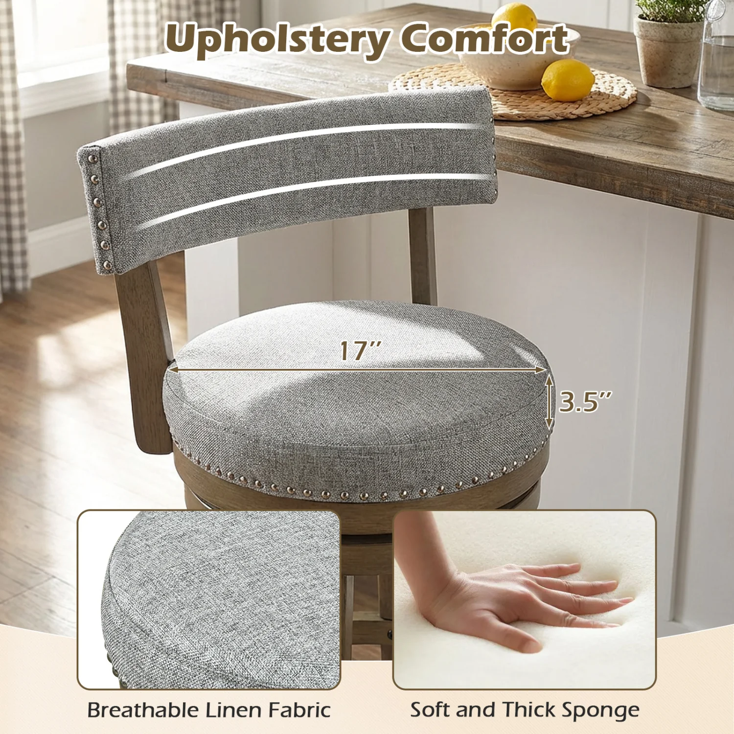 Swivel Bar Stools Set Of 2, 31.5 Inches, Linen Fabric Upholstered, Gray - Image 8