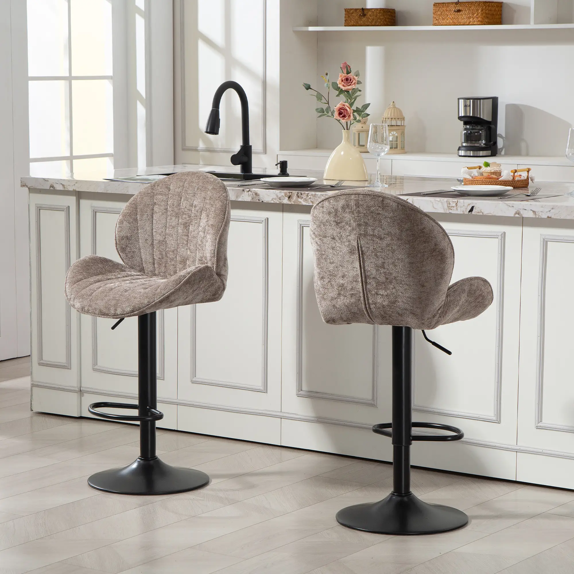 Swivel Bar Stools Set Of 2, Adjustable Height, Brown - Image 2