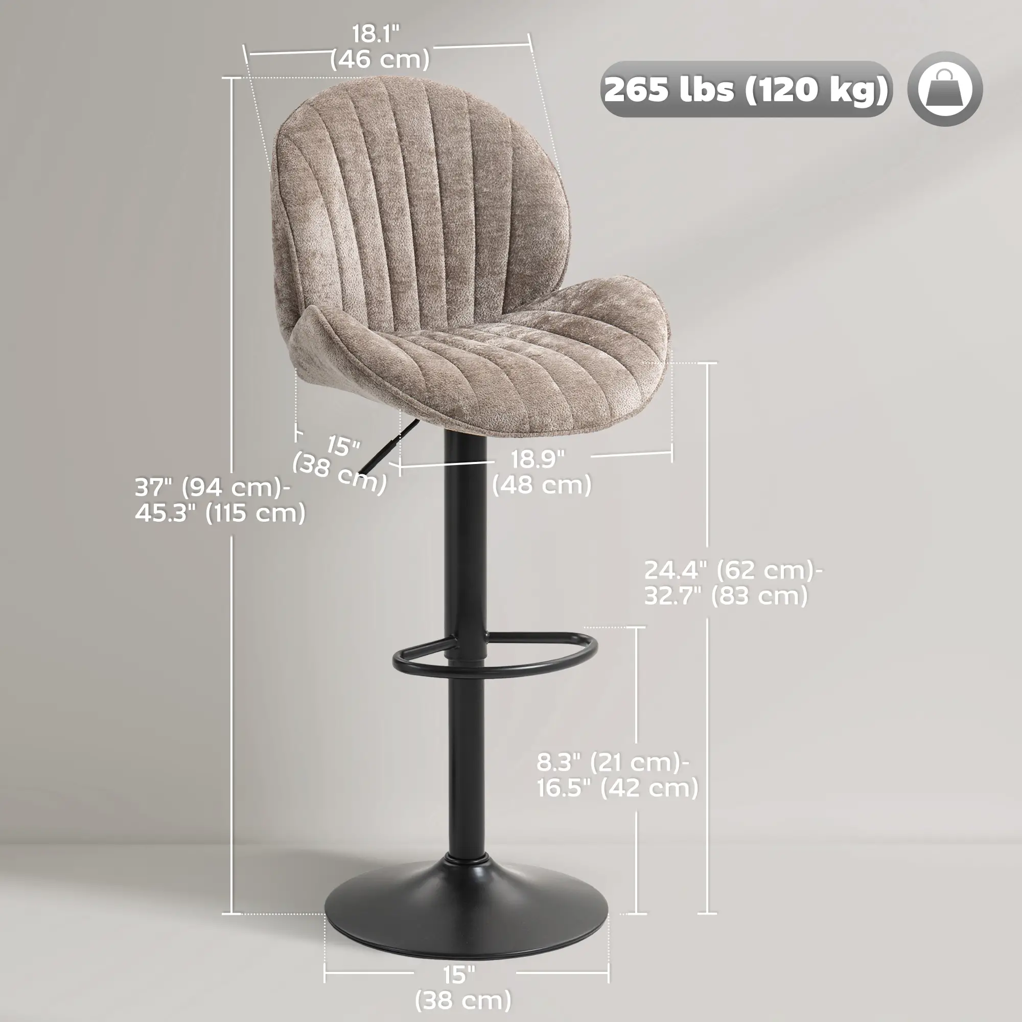 Swivel Bar Stools Set Of 2, Adjustable Height, Brown - Image 3