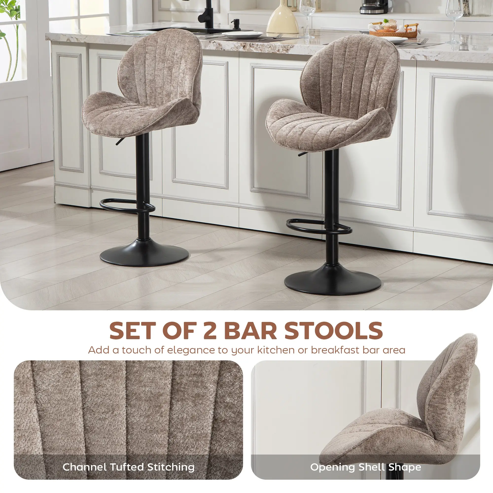 Swivel Bar Stools Set Of 2, Adjustable Height, Brown - Image 4