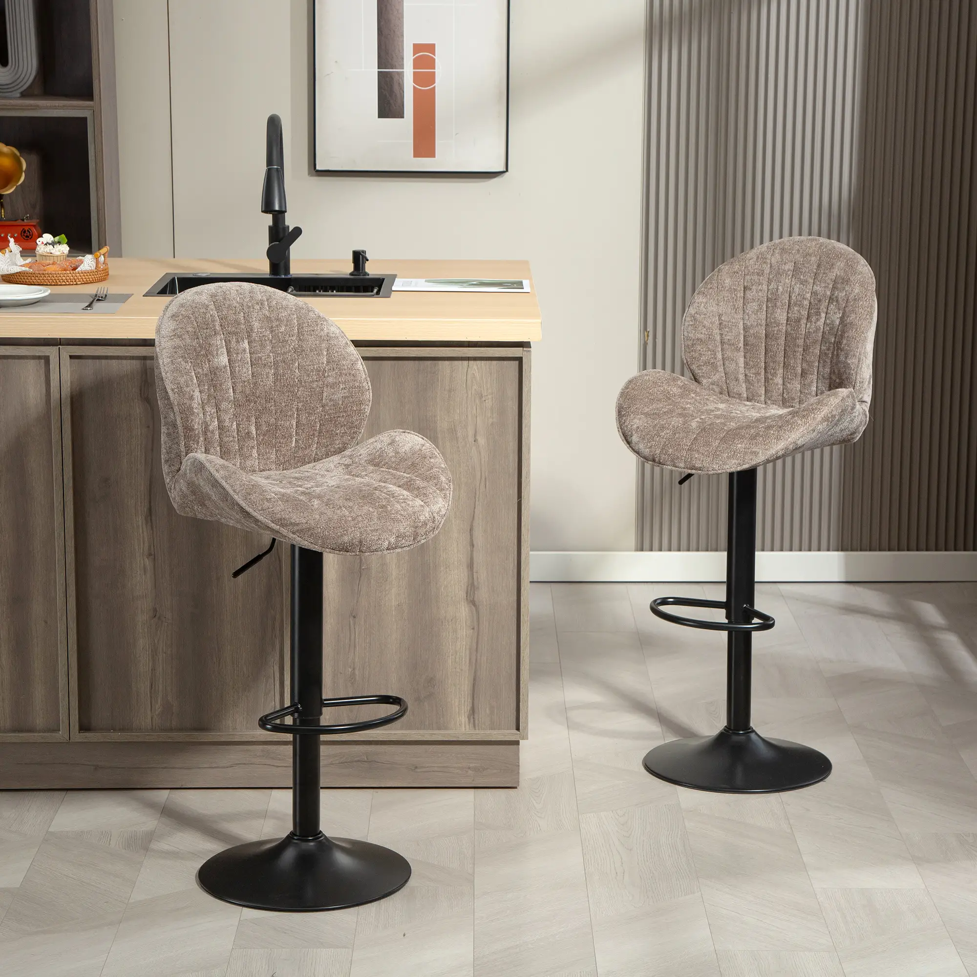 Swivel Bar Stools Set Of 2, Adjustable Height, Brown - Image 8