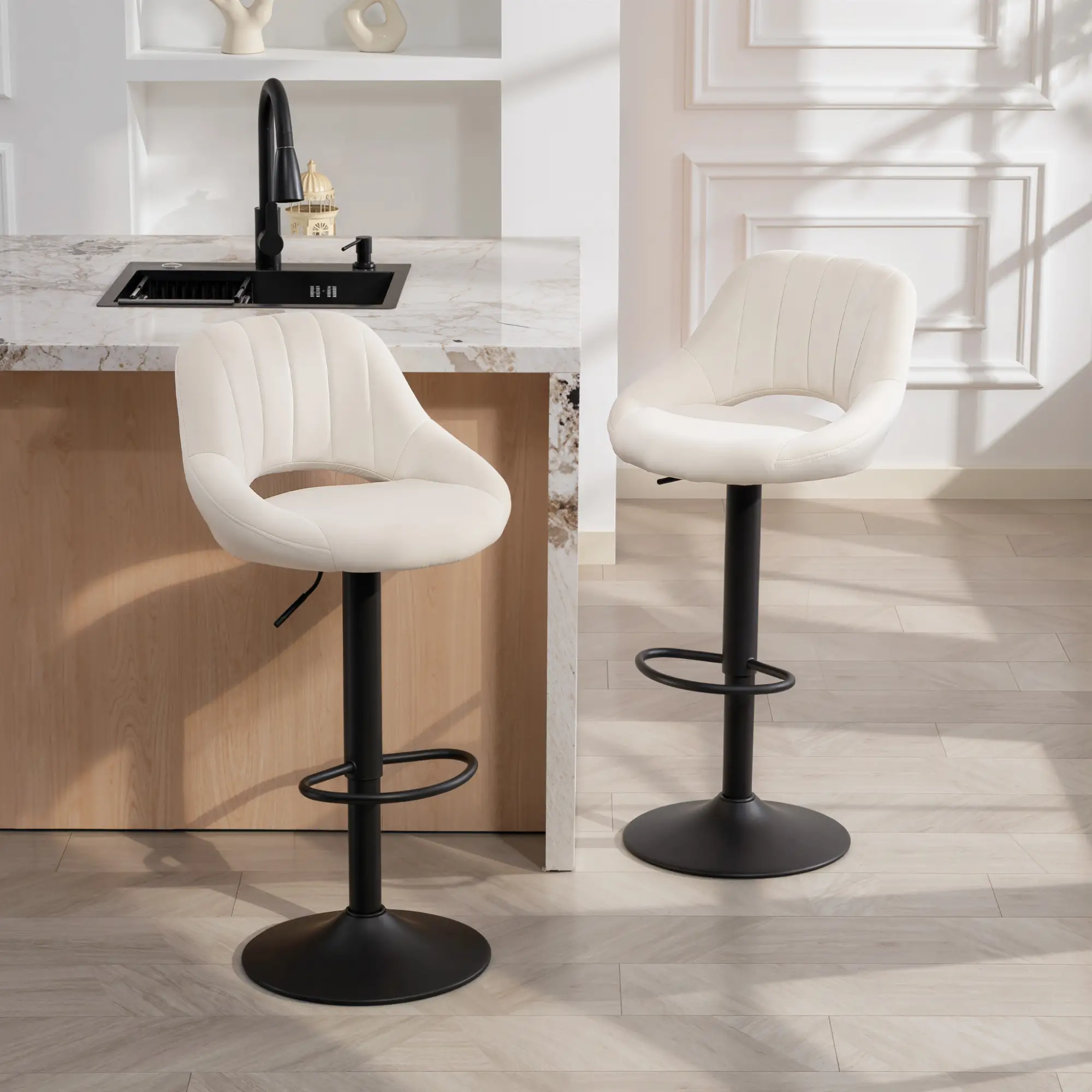Swivel Bar Stools Set of 2, Adjustable Height, Plush Upholstered, Cream - Image 2
