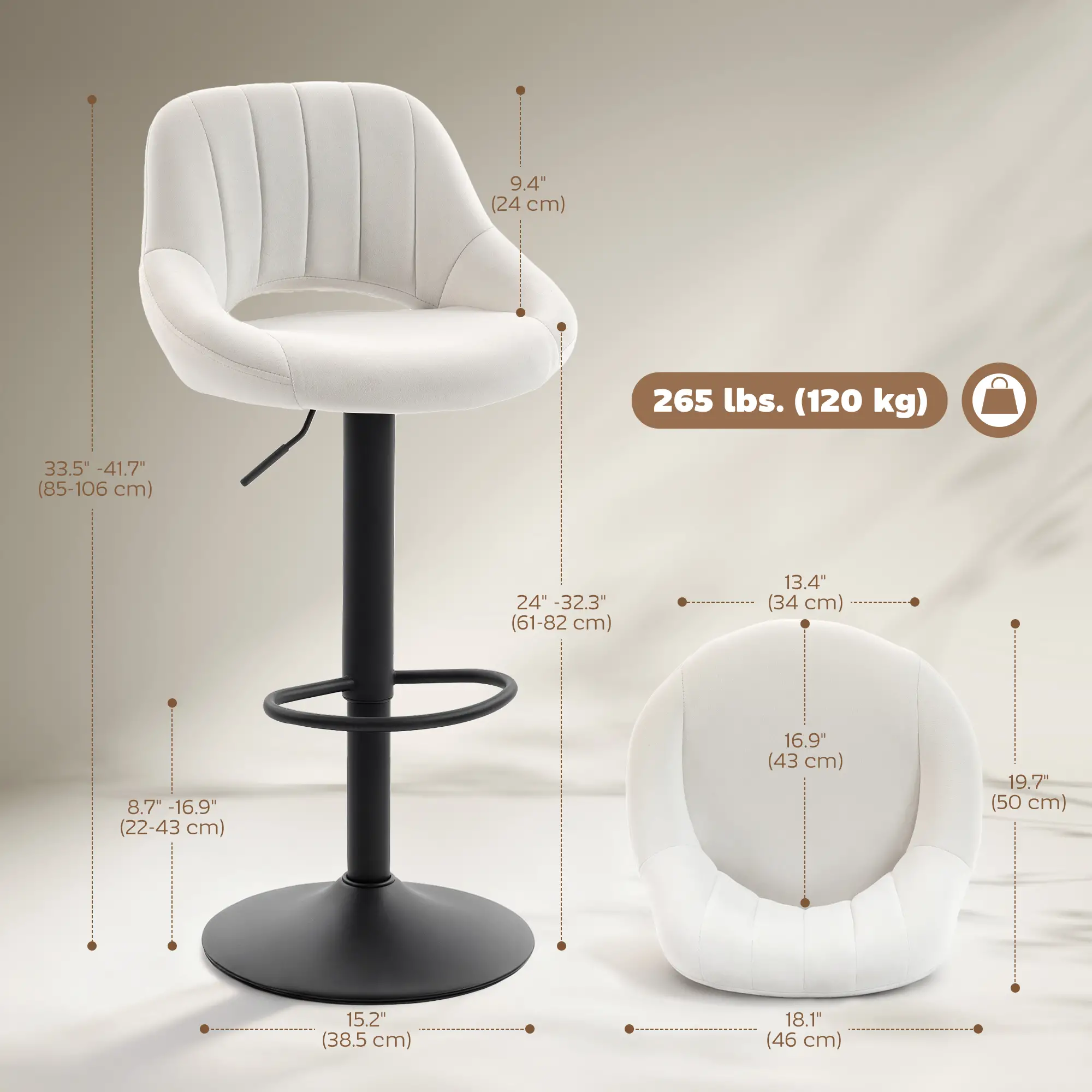 Swivel Bar Stools Set of 2, Adjustable Height, Plush Upholstered, Cream - Image 3