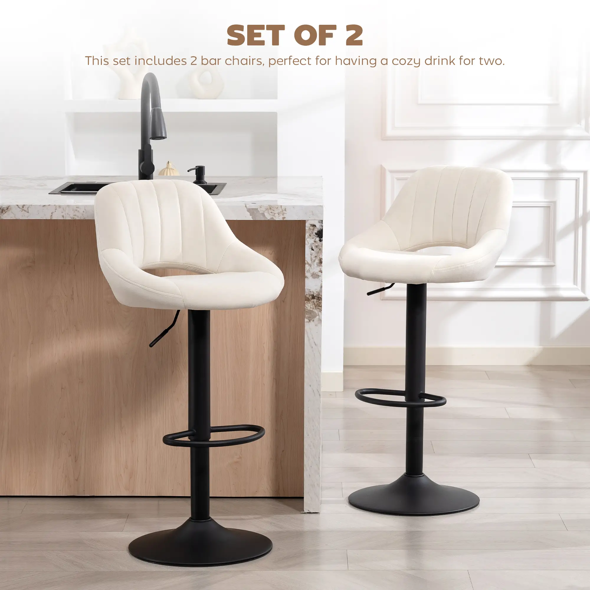 Swivel Bar Stools Set of 2, Adjustable Height, Plush Upholstered, Cream - Image 4
