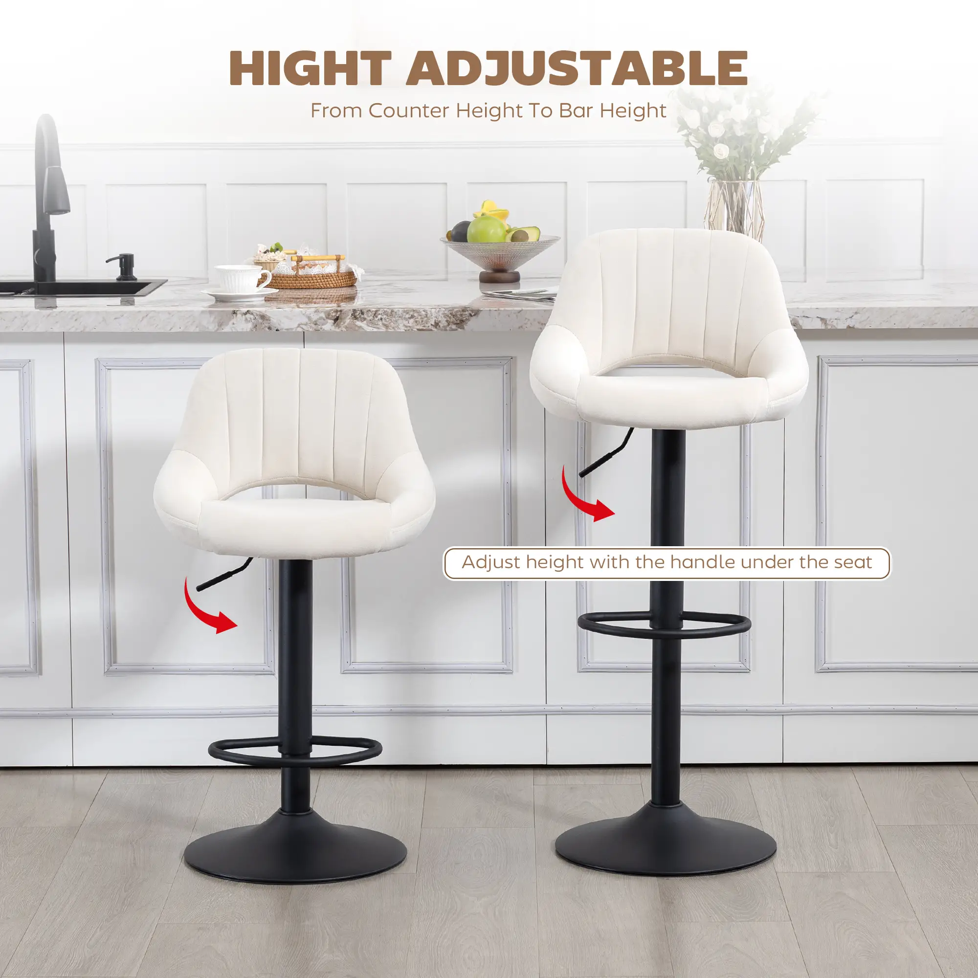 Swivel Bar Stools Set of 2, Adjustable Height, Plush Upholstered, Cream - Image 5
