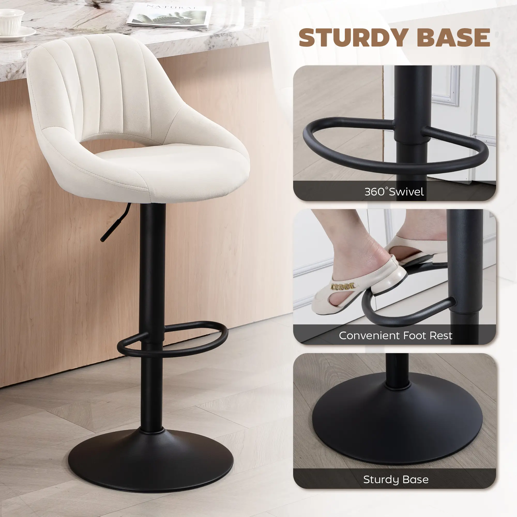 Swivel Bar Stools Set of 2, Adjustable Height, Plush Upholstered, Cream - Image 6