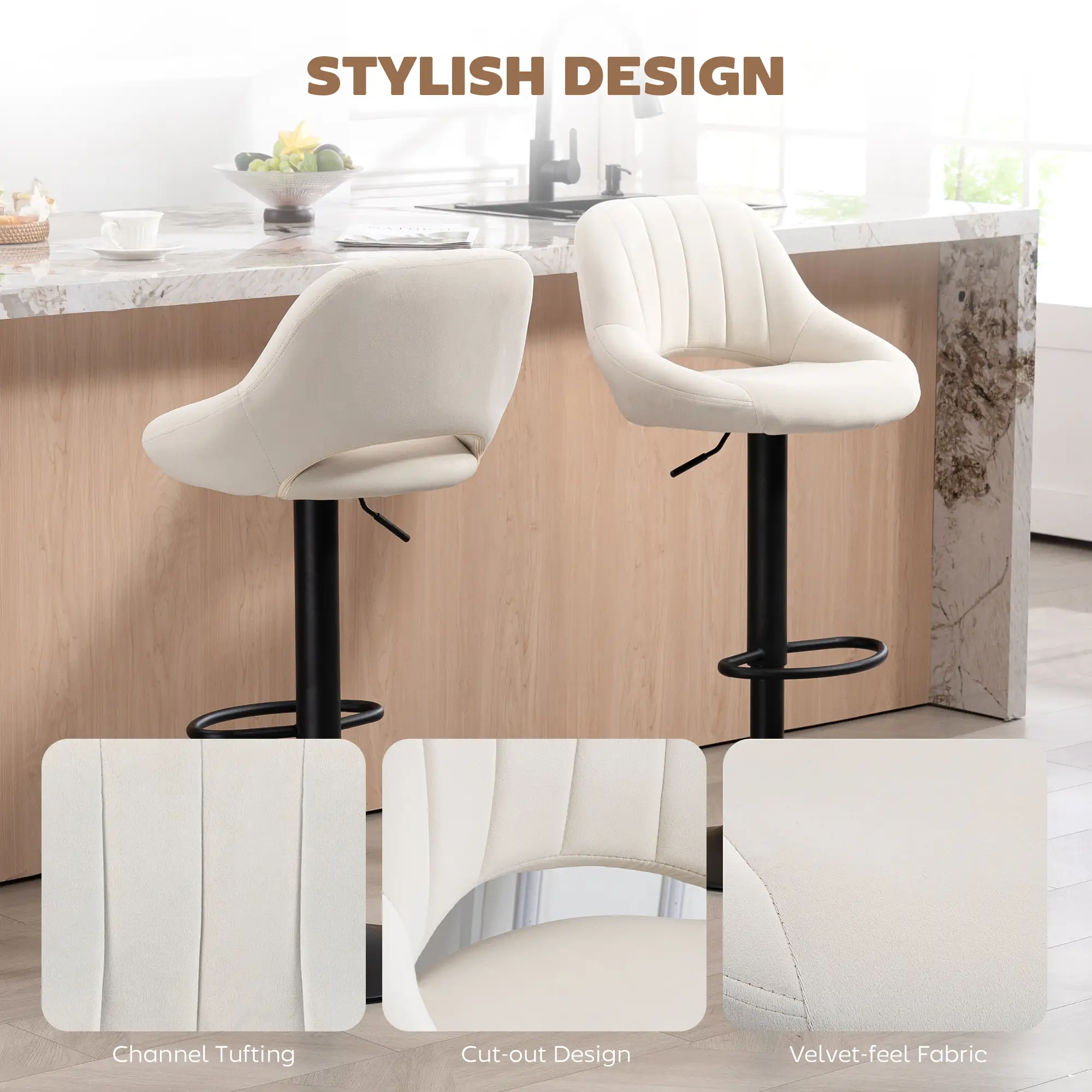 Swivel Bar Stools Set of 2, Adjustable Height, Plush Upholstered, Cream - Image 7