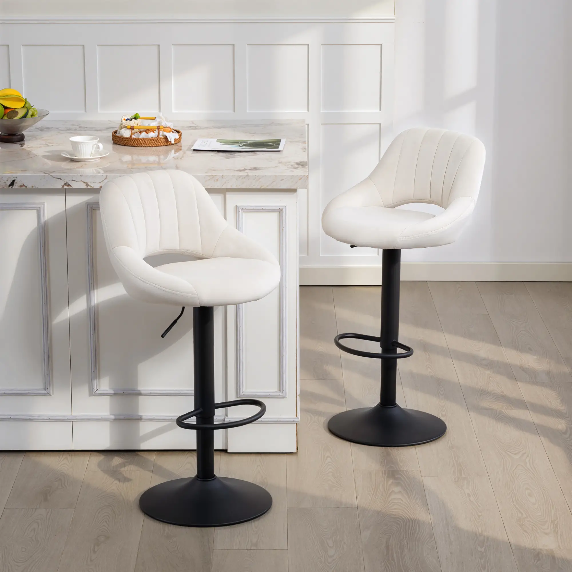 Swivel Bar Stools Set of 2, Adjustable Height, Plush Upholstered, Cream - Image 8