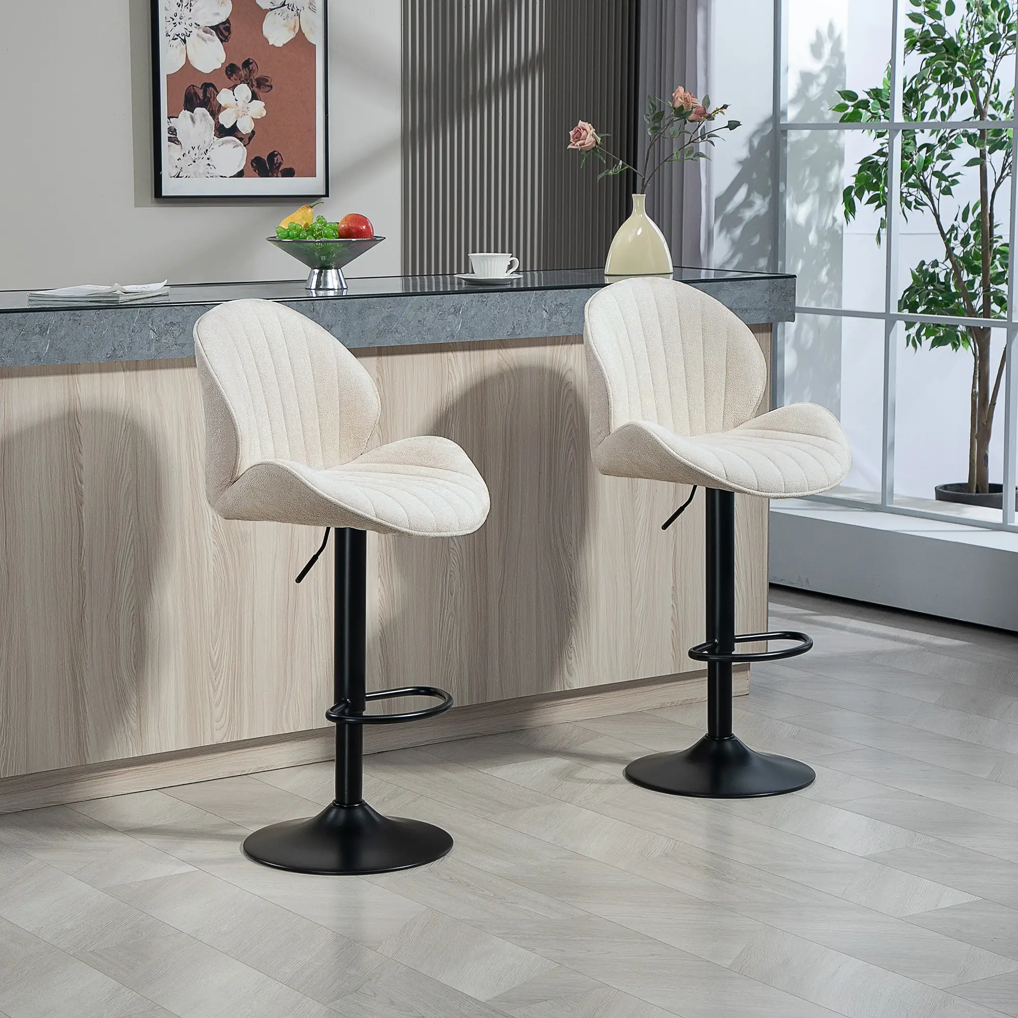 Swivel Bar Stools Set of 2, Adjustable Height with Back, Beige - Image 2