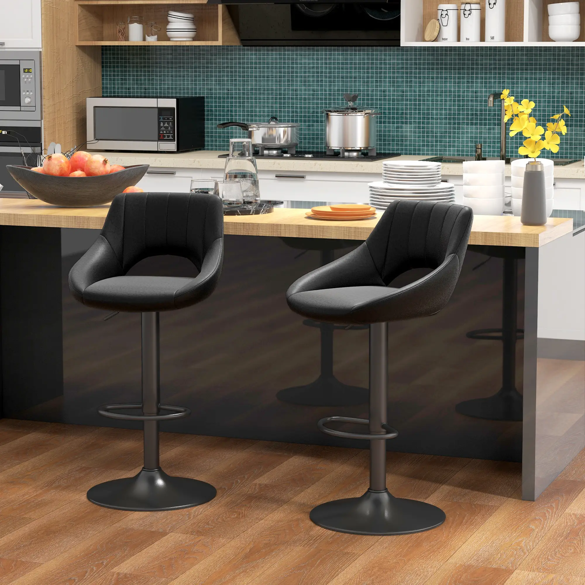 Swivel Bar Stools Set of 2, Faux Leather Upholstered Counter Height Barstools with Round Metal Base - Image 2