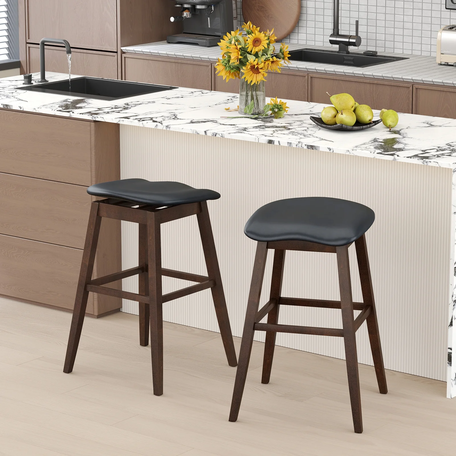 Swivel Bar Stools Set of 2, Padded Seat with Footrest, Brown - Image 2