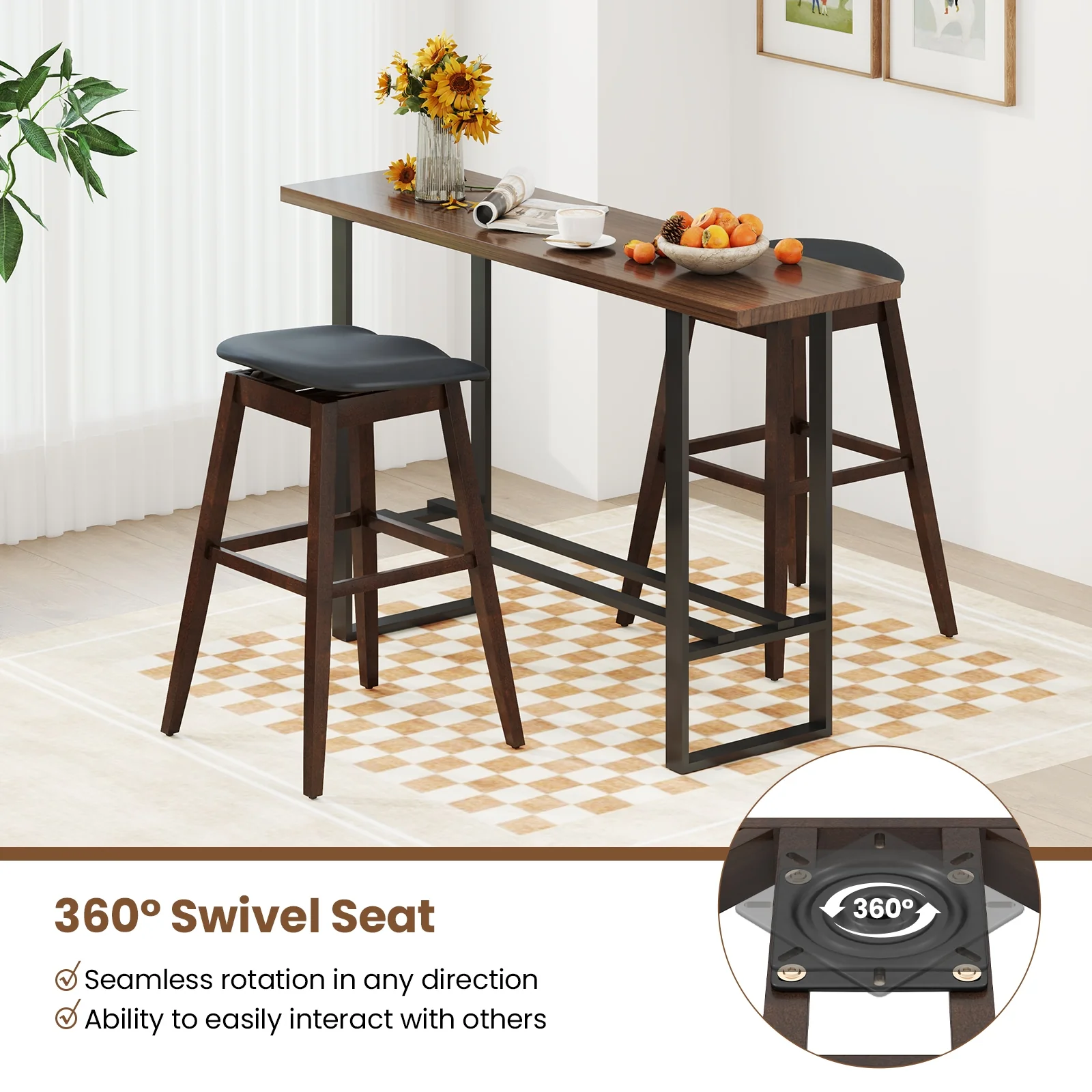 Swivel Bar Stools Set of 2, Padded Seat with Footrest, Brown - Image 7