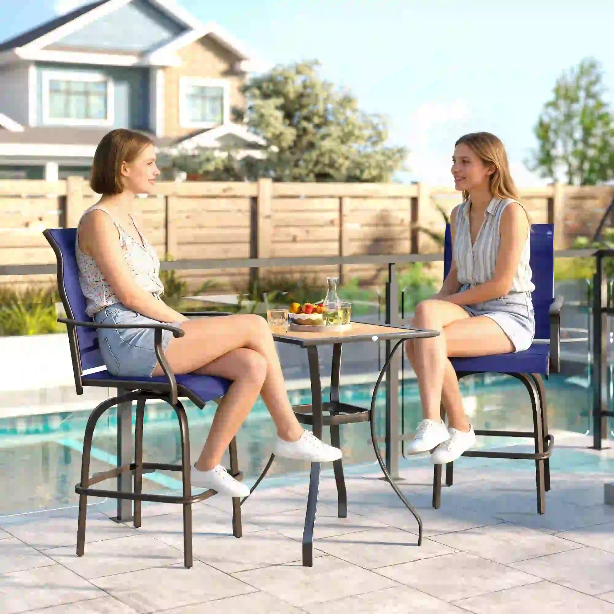 Swivel Bar Stools Set Of 2, Steel Frame, Navy Blue - Image 2