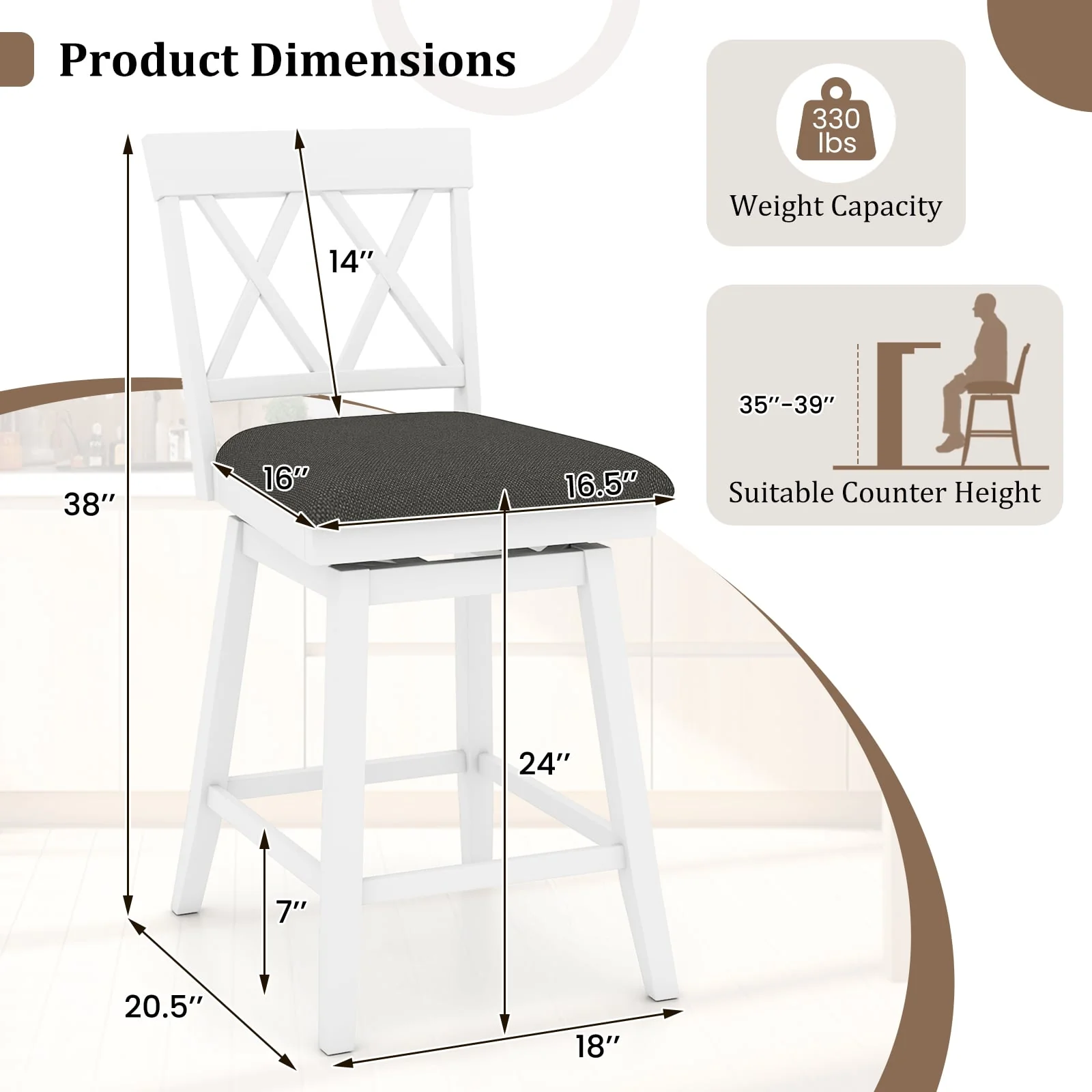 Swivel Bar Stools Set of 4 Counter Height Barstools with Backrest Upholstered Seat Cushion-24 inches - Image 5